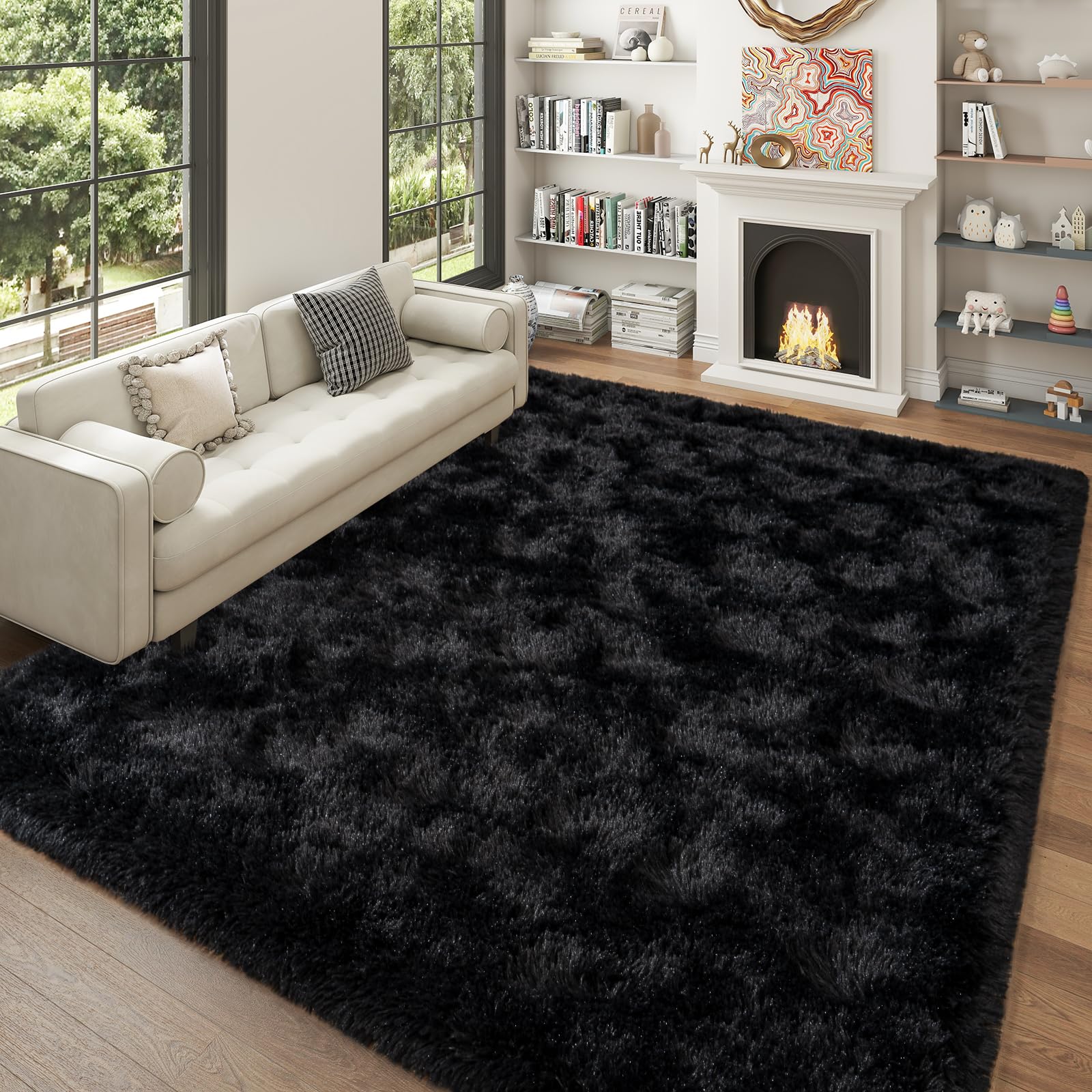 5'x7' Super Fluffy Rug for Bedroom, Modern Shag Black Area Rugs, Soft and Cozy Plush Large Carpet for Kids, Girls Boys and Teens Decorations for Living Room Dorm Nursery Classroom, Black