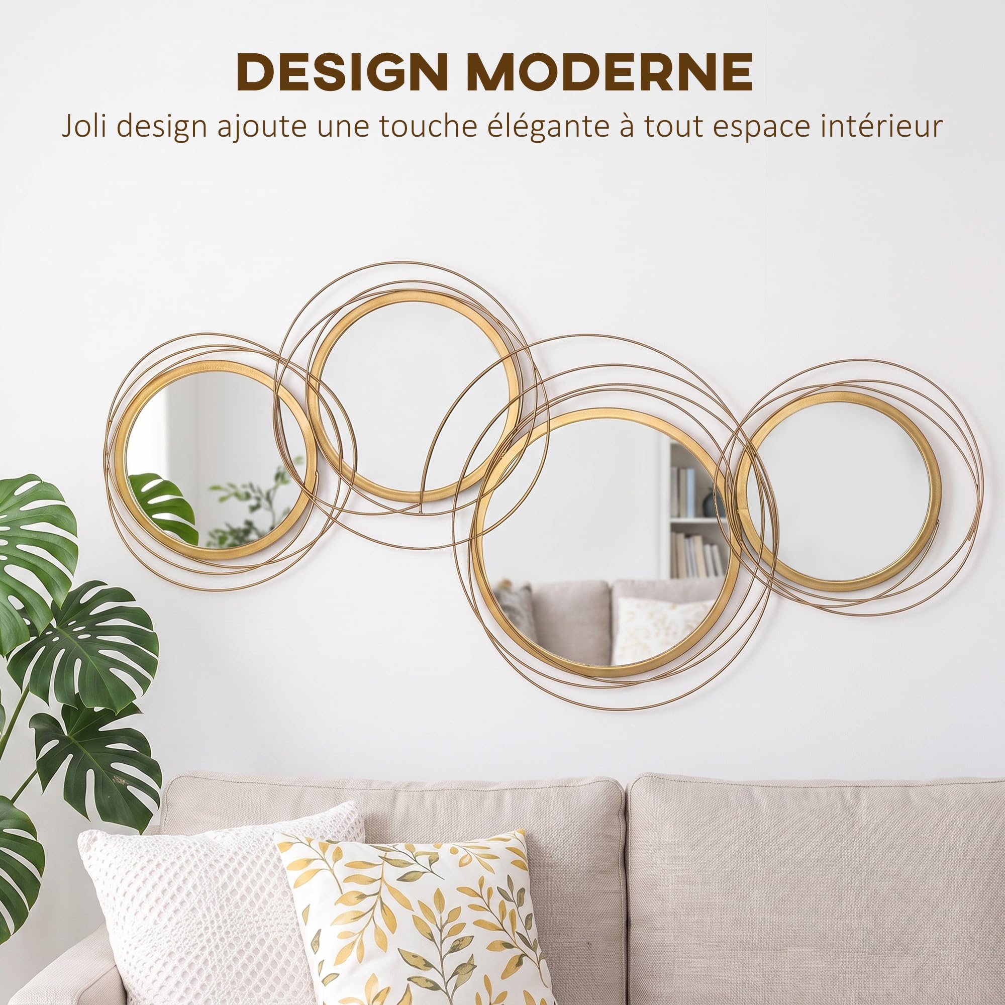 HOMCOM Ensemble de 4 Miroirs Murals Ronds en Métal Dorés 107 x 56 cm
