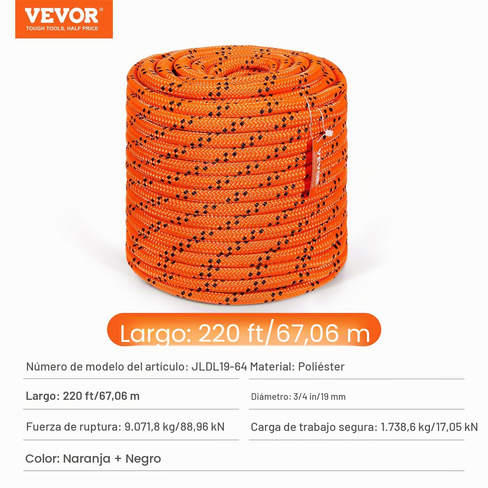 VEVOR Cuerda de Poliéster Trenzado Doble Naranja y Negro, 19 mm x 67,06 m, 24 ​​hebras, 88,96 kN de Resistencia a la Rotura Cuerda de Escalada al Aire Libre para Senderismo en Roca, Camping, Columpio