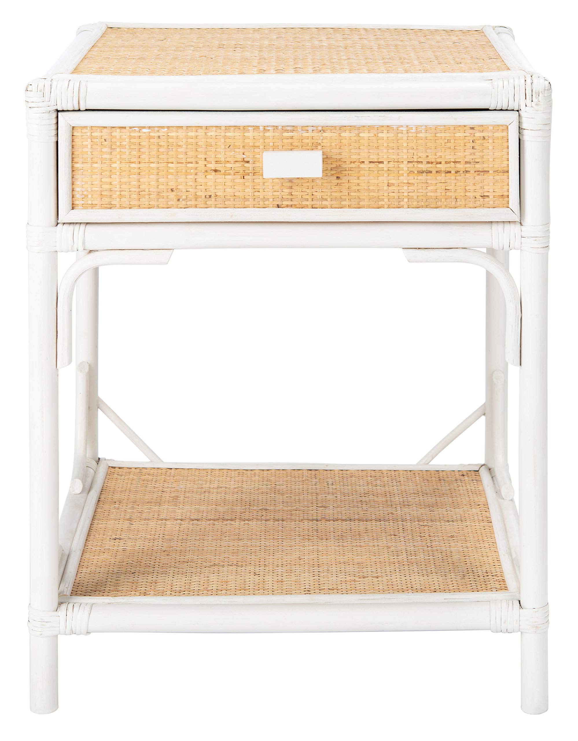 SAFAVIEH Home Collection – Roya White & Natural Nightstand with Drawer & Shelf, Coastal Accent Table, Bamboo-Style Frame & Rattan Drawer (NST4005C)