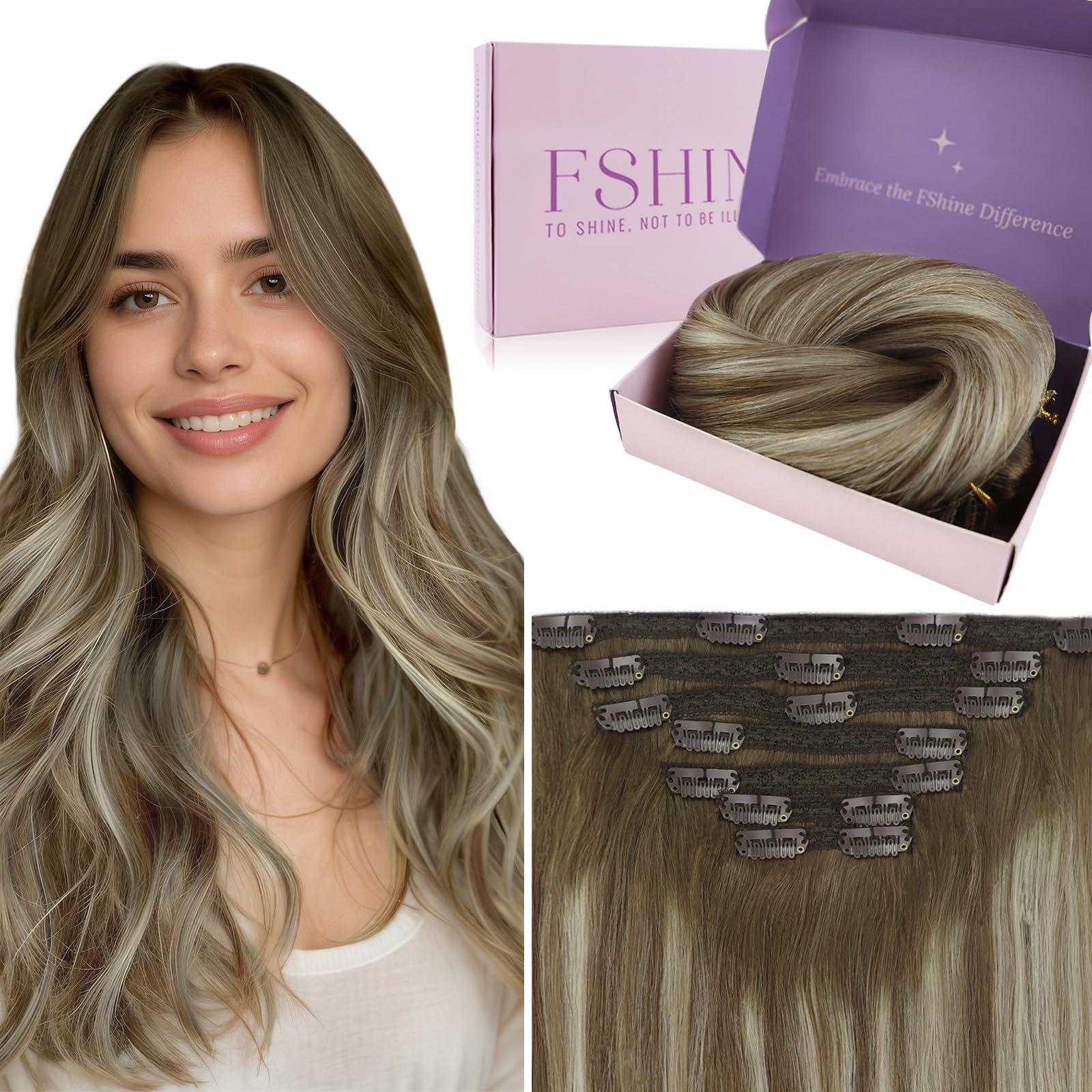 Fshine Clip In Real Hair Extensions, 16 IN, 7 Pieces, 120 g, Balayage Brown to Platinum Blonde, TangleFree, Colour 6 60 6