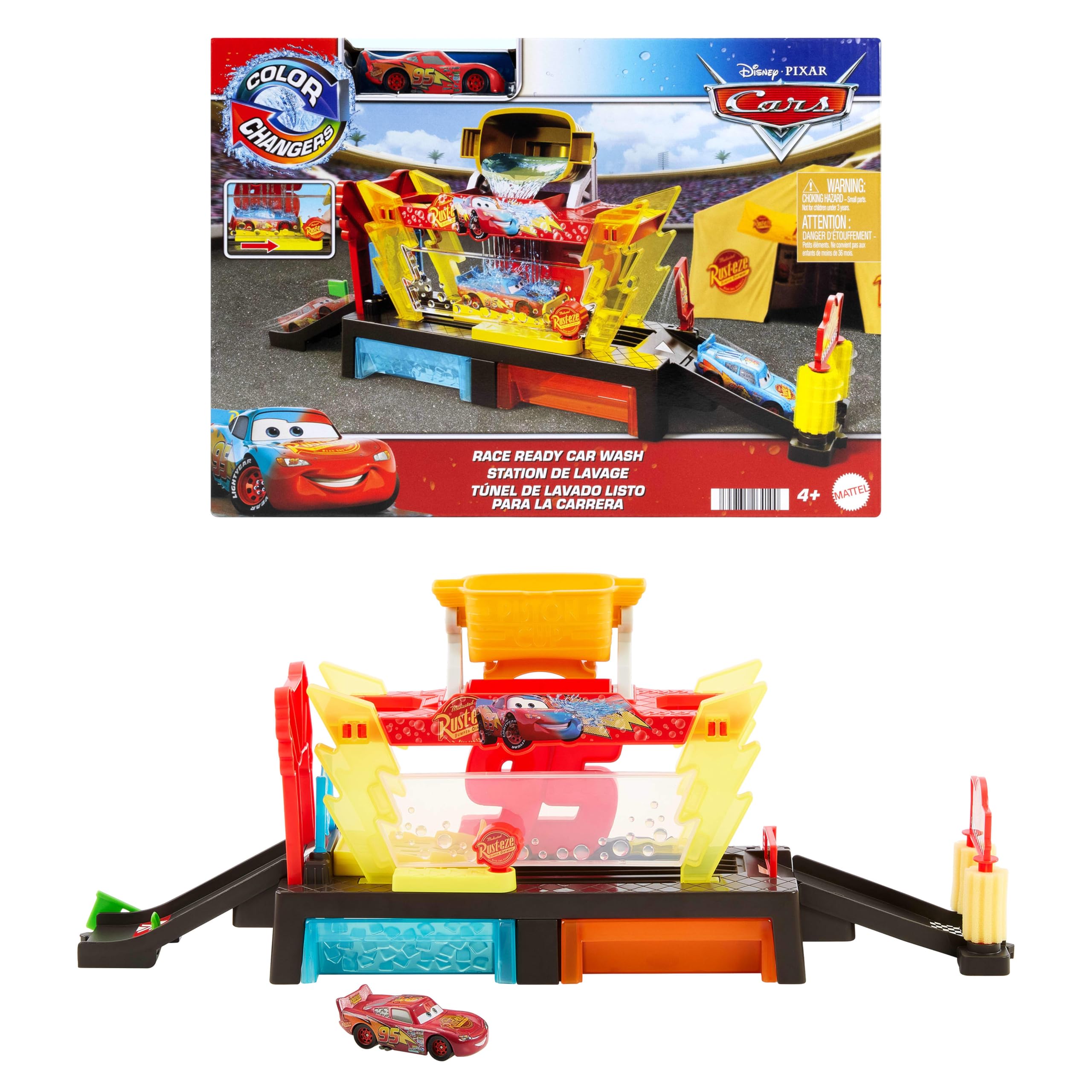 Mattel CARS - Autolavaggio Corsa Cambia Colore, playset Disney Pixar con rampa e vasca lungo 50+ cm, include il veicolo Saetta McQueen Cambia Colore, giocattolo per bambini, 4+ anni, JBM70
