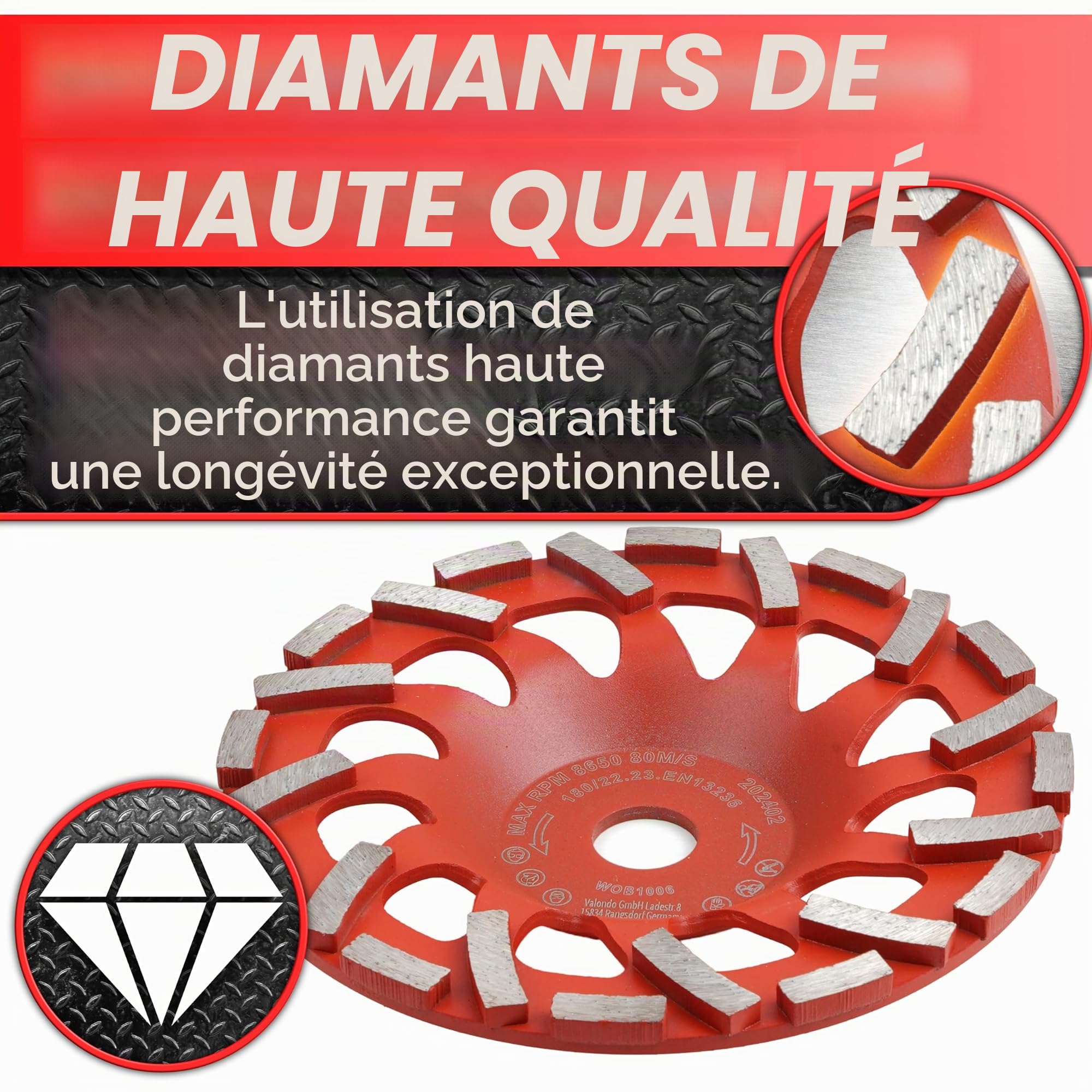 Woltersberger Meule diamantée 180 mm x 22,23 mm Plateau de ponçage pour béton granit pierre naturelle