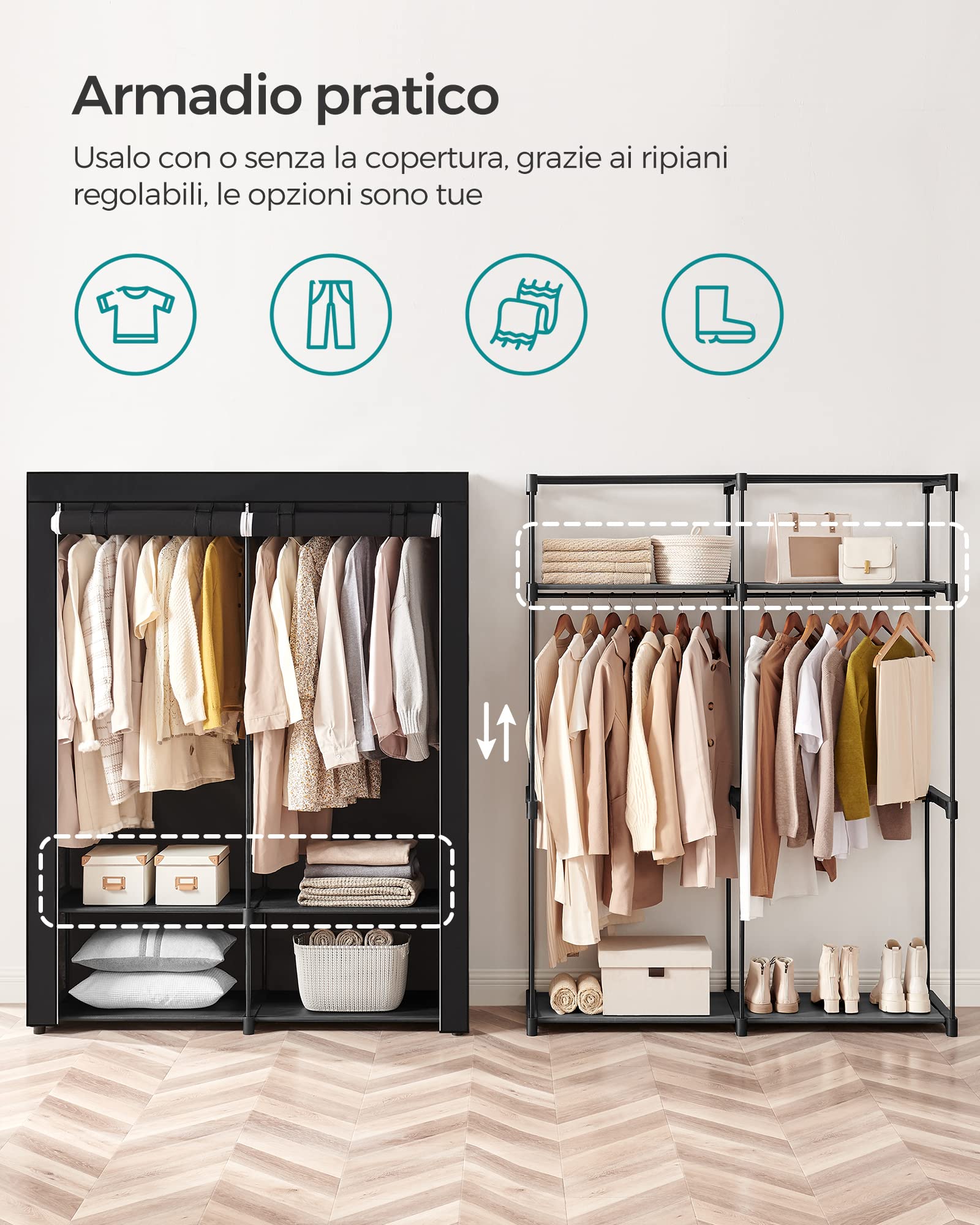 SONGMICS Armadio, Guardaroba Porta Abiti per Camera da Letto con 2 Barre Appendiabiti, Armadio Portatile in Tessuto, Pieghevole, per Armadio, 140 x 43 x 174 cm, Nero Inchiostro RYG02BK