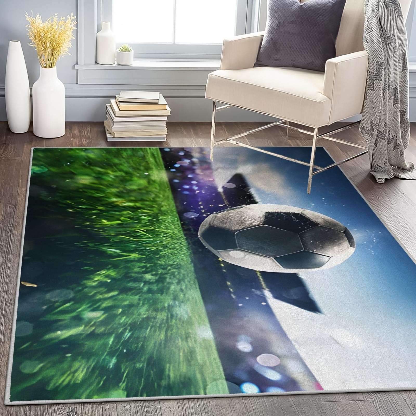 Teppich Quadratisch Klein 120x120 Waschbar in Waschmaschine FußBall Teppich Kurzflor FußBallspiel Teppich Gegend rutschfest Dünn Saugfähig für Bad Eingangsbereich Innen