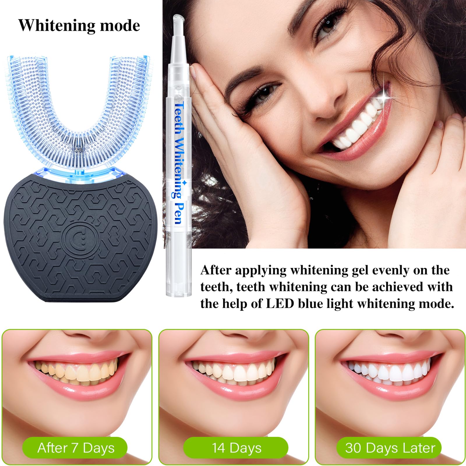 Spazzolino da denti automatico, kit per sbiancamento dei denti Sonic Glow, dotato di due testine di ricambio (nero)