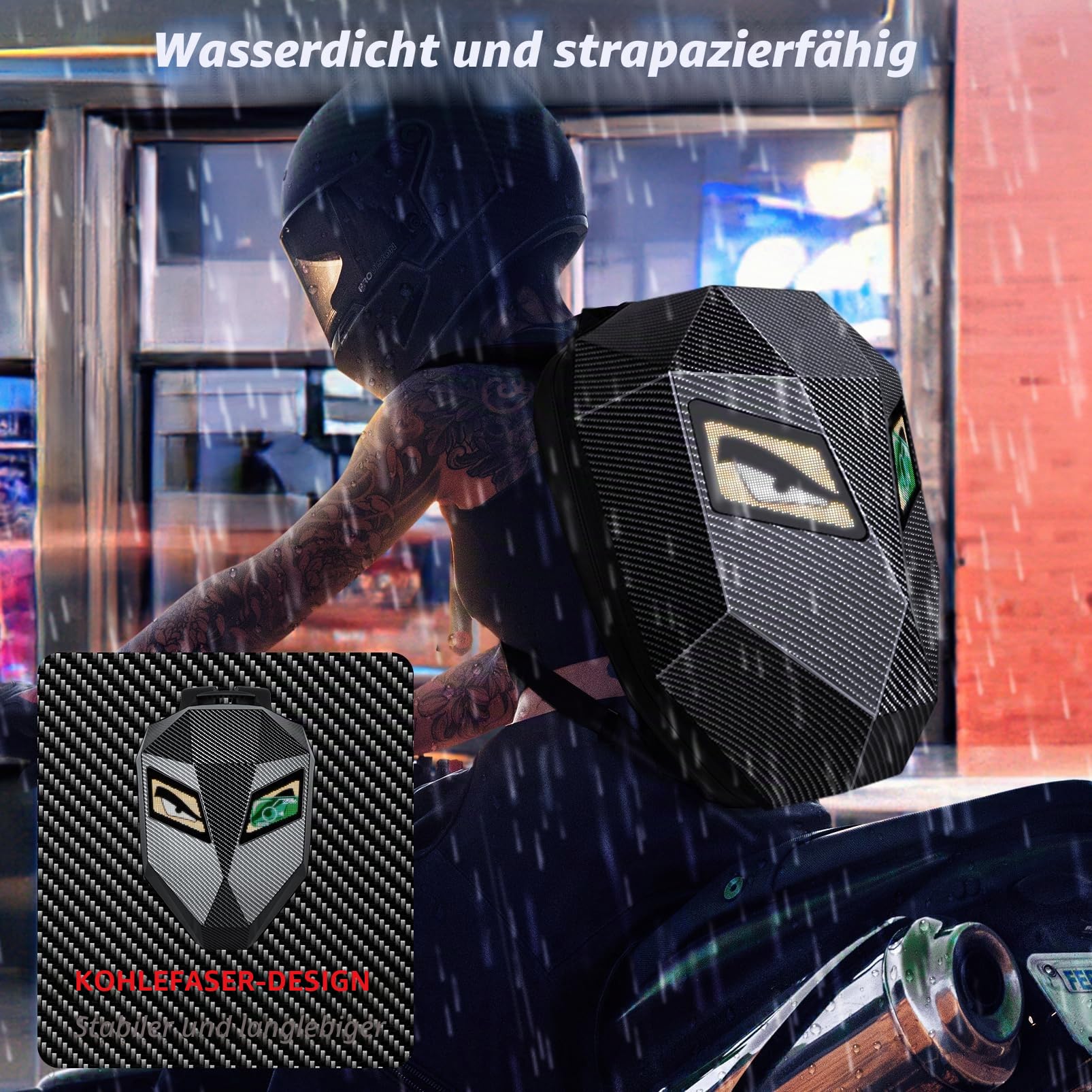 48 cm LED Motorrad Knight Rucksack für Männer, Hard Case Fahrrucksack Motorrad Laptop Tasche Wasserdicht, DIY Programmierbarer Full Color Display & Augen