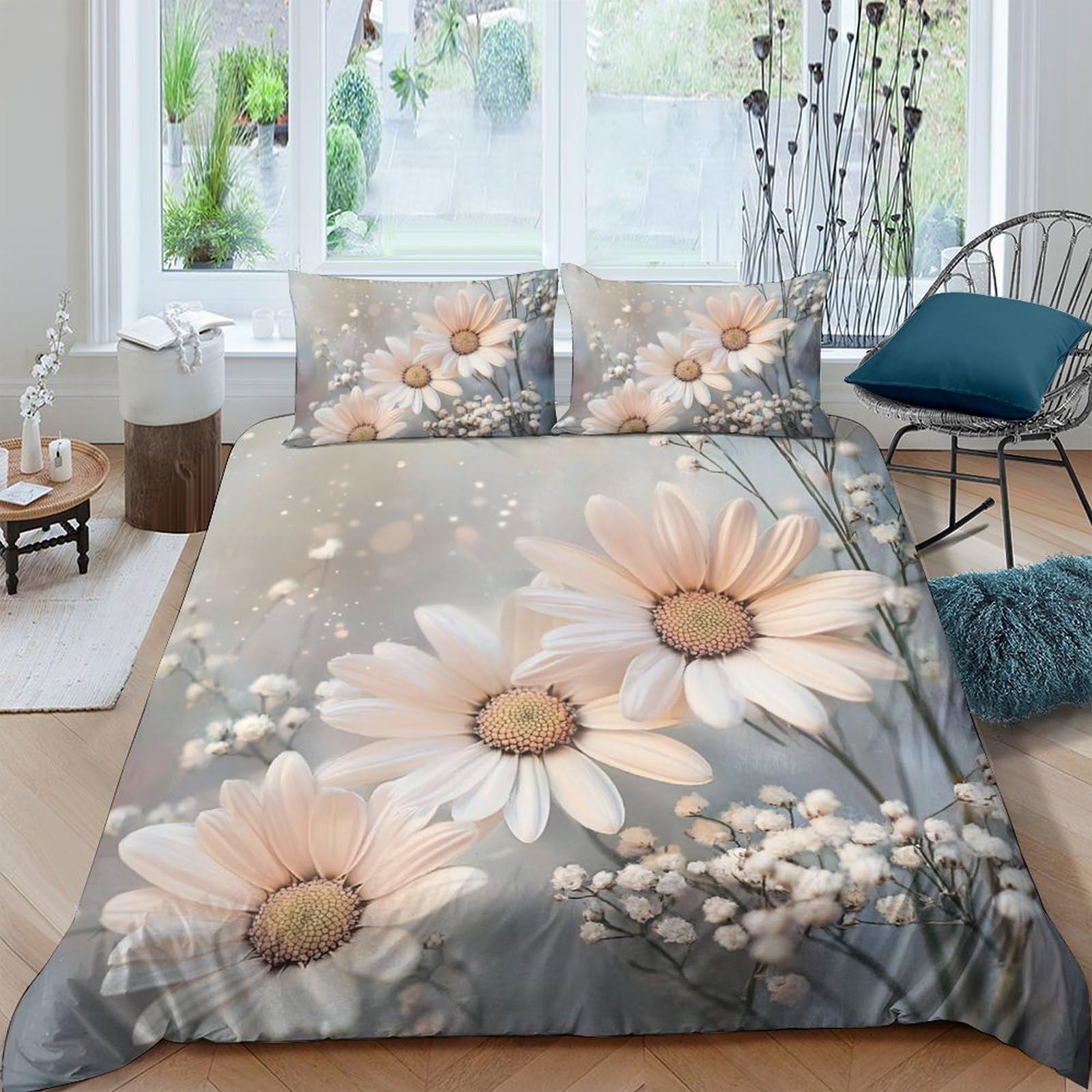 Ctjqhvkz Style-1 3D Printed Daisy Blossom Fitted Sheet Microfiber Soft Beige Gray Bed Cover For Bedroom Dorm Mattress Protection Decor Single（135X200cm）