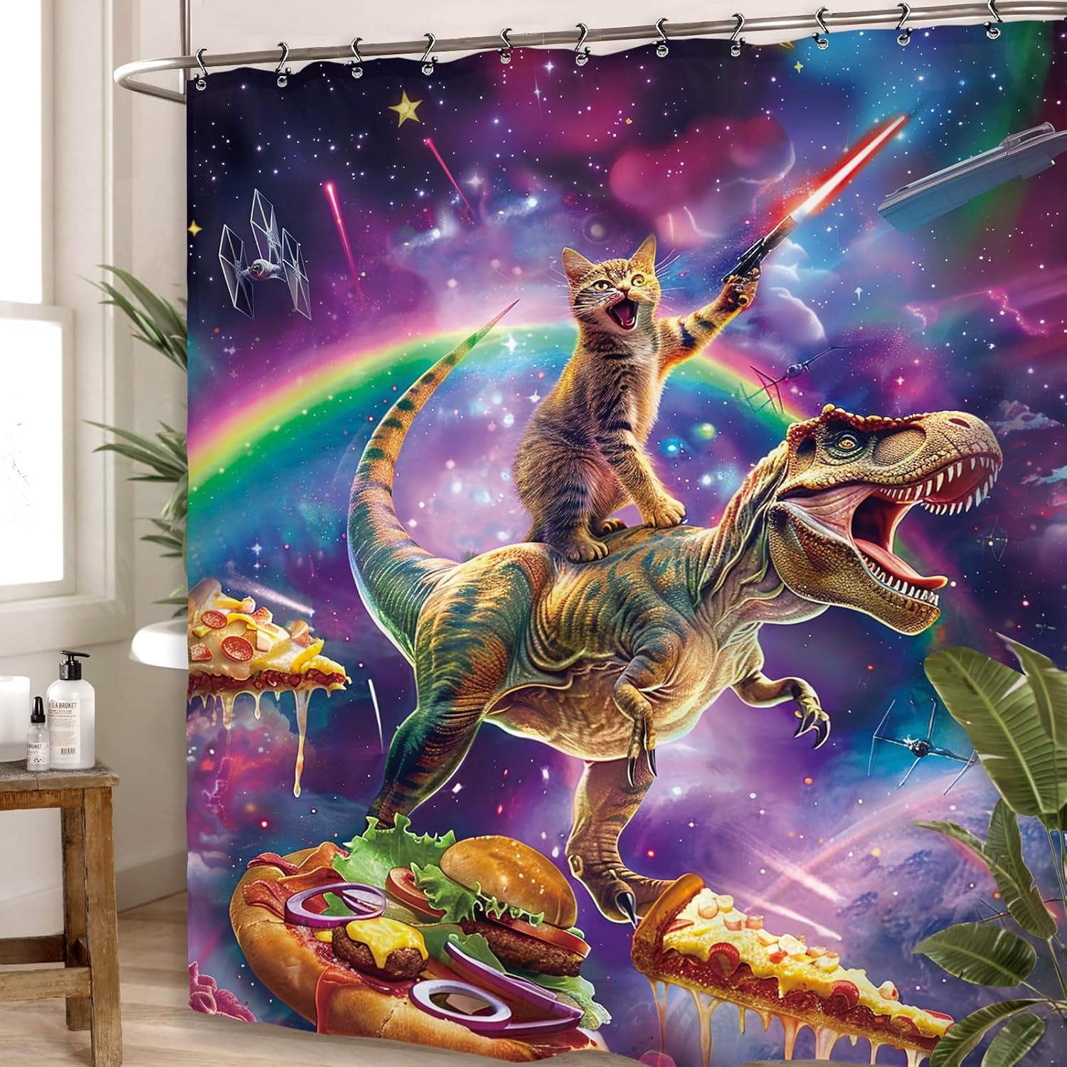 Funny Cat Dinosaur Bathroom Shower Curtain 60W by 71H Inch Hilarious Dino Galaxy Animal Cool Boys Outer Space Universe Polyester Fabric 12 Plastic Hooks Waterproof Decor image 4