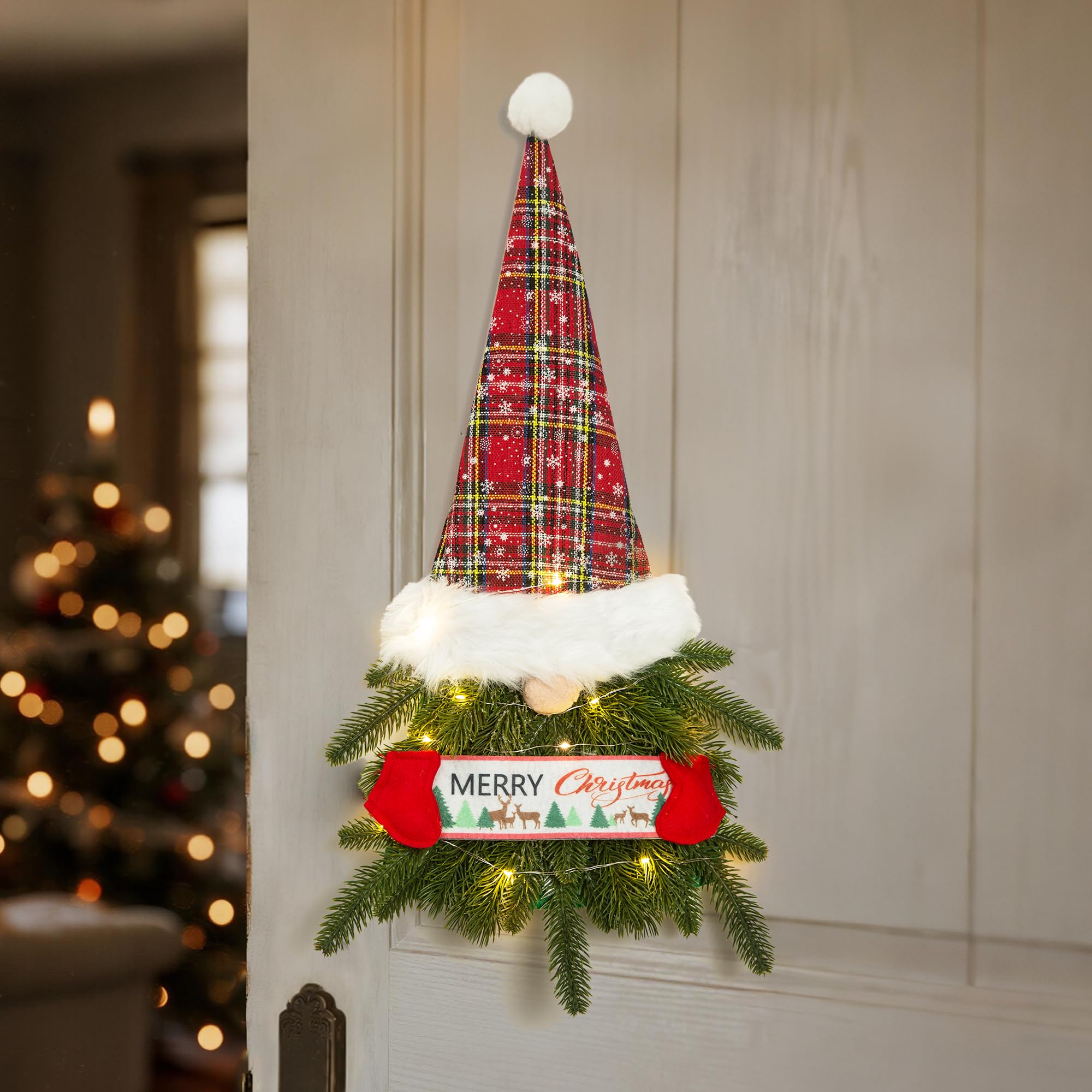 Christmas Wreath Gnome with Lights, Hanging Santa Gnome for Front Door Christmas Ornament Decorations Wreath for Wall Room Window Porch with Led String Lights