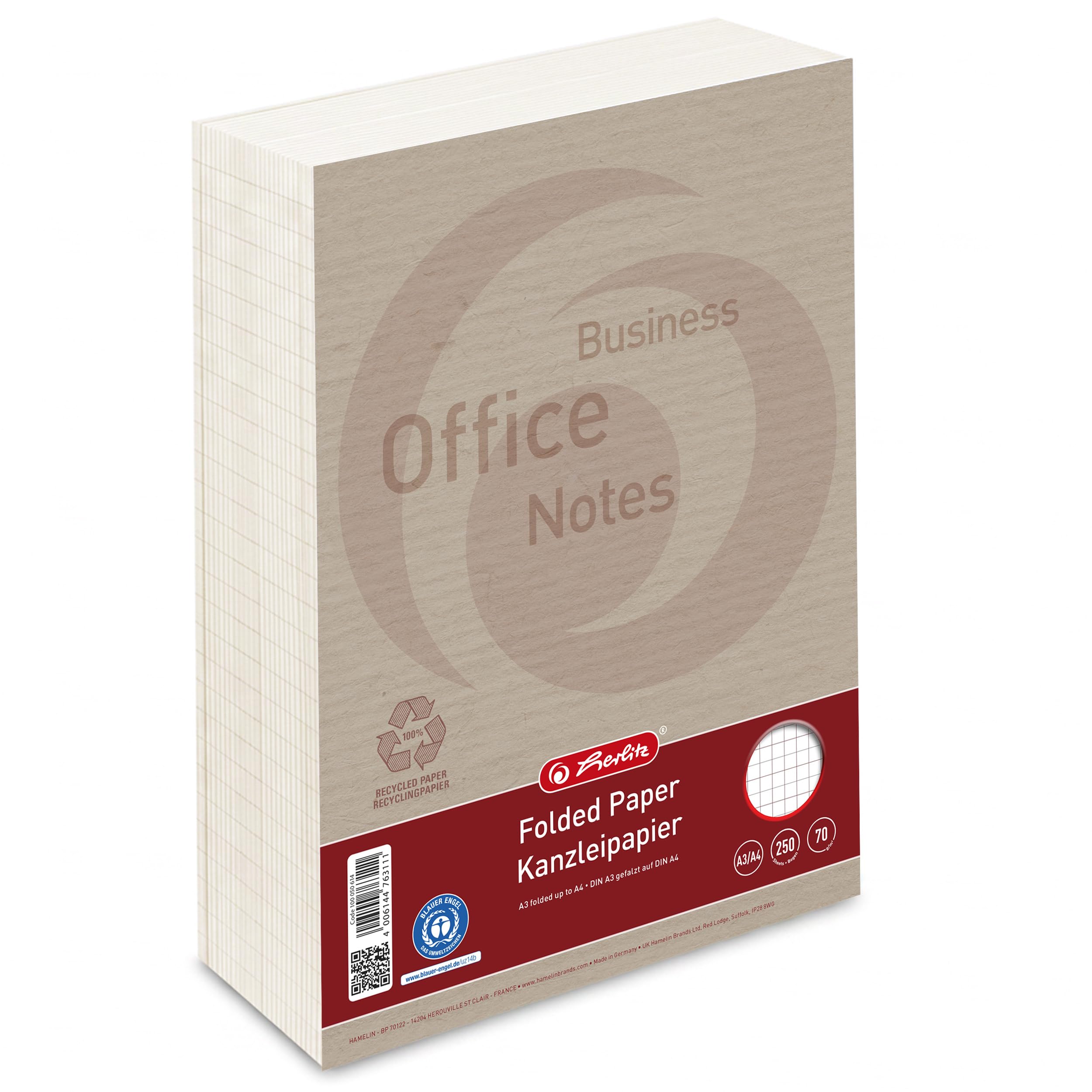 Landré 100050614 - Folios (DIN A3 plegado en DIN A4, a cuadros, 70 g/m2, papel reciclado 100%, 250 hojas)