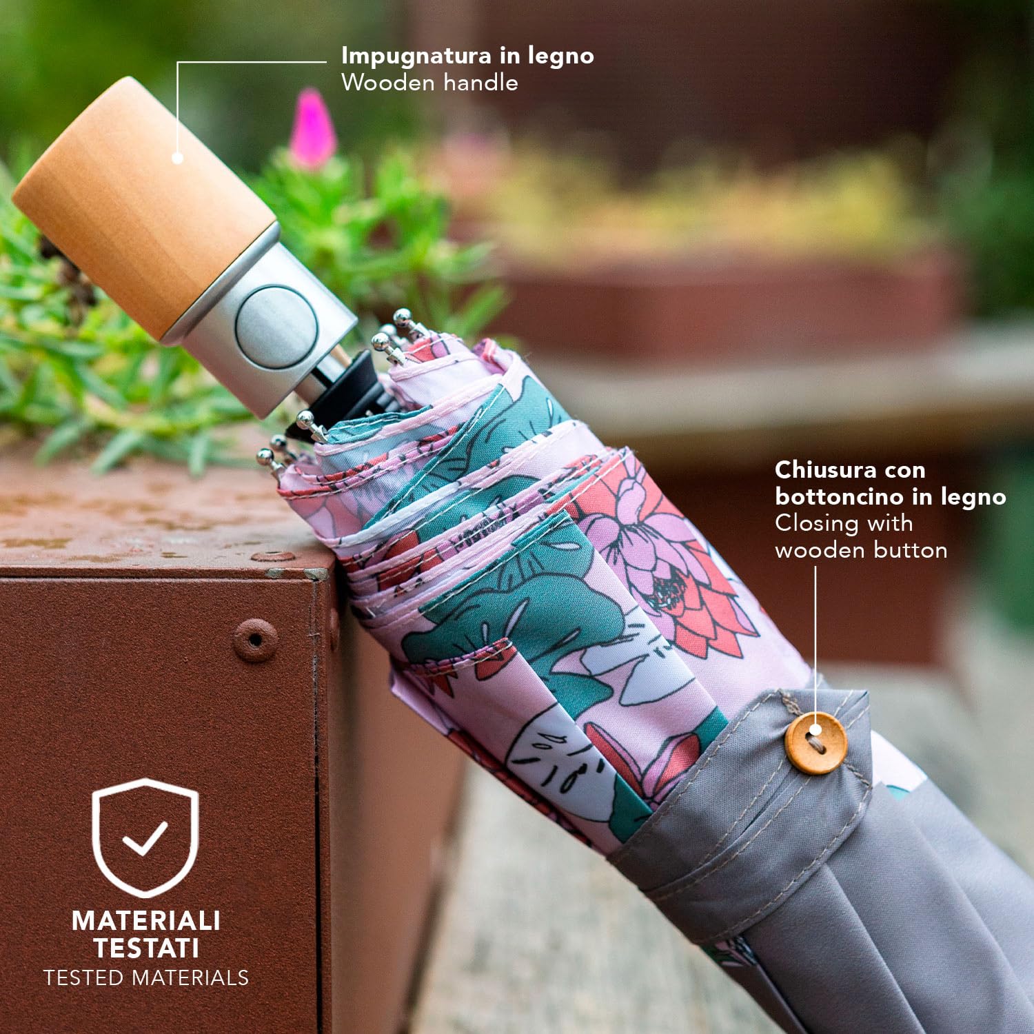 PERLETTI GREEN Parasol Kobiet Automatyczny Przyjazny Środowisku - Parasolka Organiczna Ekologiczna Uchwyt z Drewna - Kompaktowe Małe Parasole Wiatroodporne - Średnica 96 cm