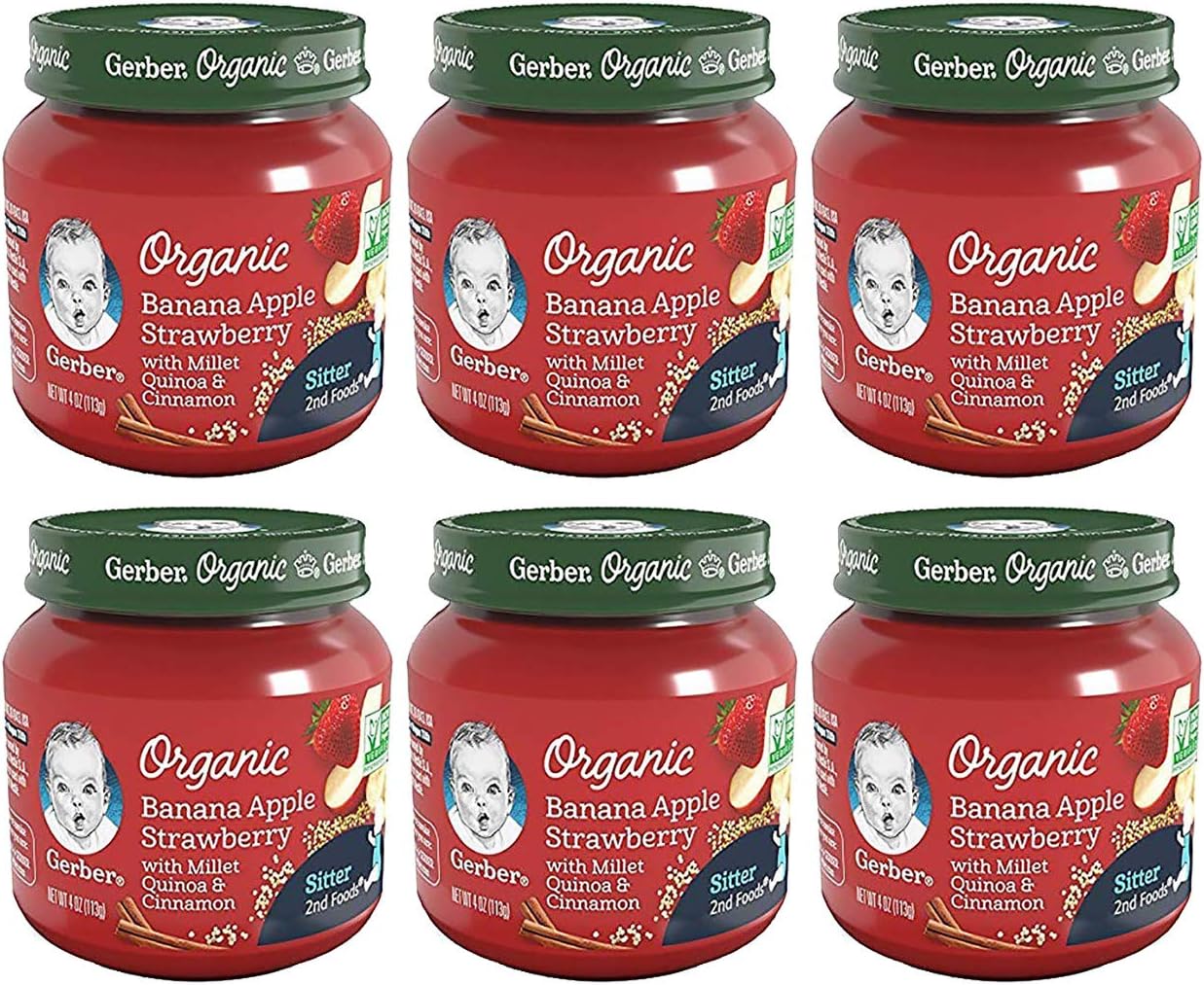 Gerber 2nd Foods Organic for Baby Grain & Grow Baby Food Jar, Banana Apple Strawberry with Millet Quinoa & Cinnamon, 4-Ounce Glass Jar (Pack of 6)