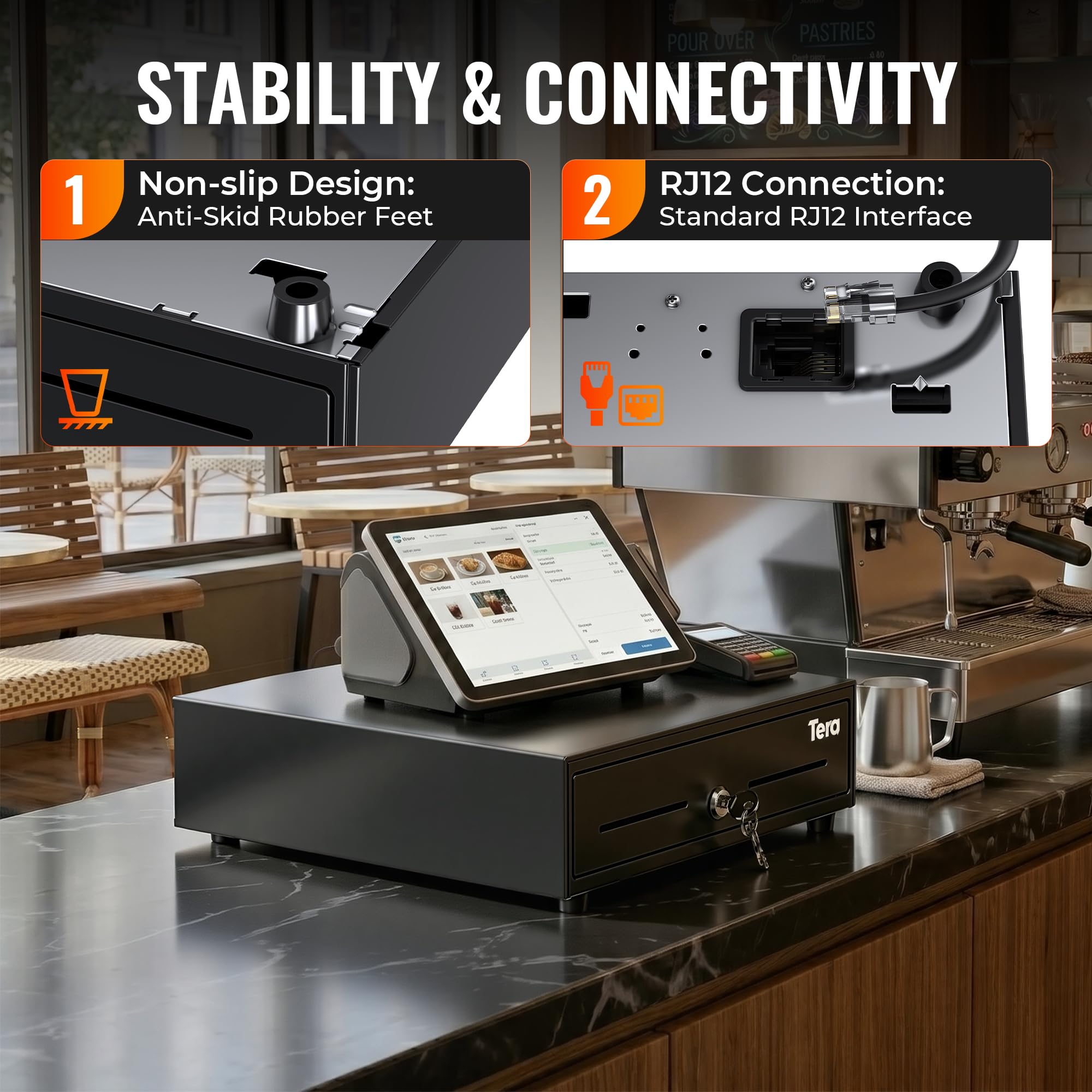 Tera Tiroir à monnaie robuste 33 cm : 3 billets 4 pièces de monnaie caisse enregistreuse 335 x 330 x 105 mm interface RJ12 12 V fente média système POS ouverture automatique manuelle avec serrure à 6