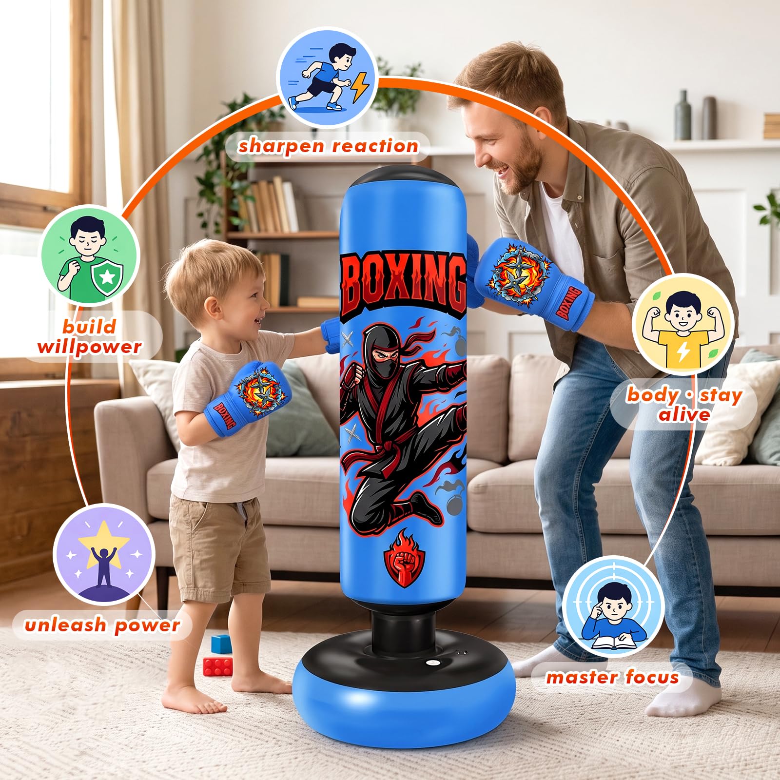 Pungiball per Bambini Sacco da Boxe con Guantoni e Pompa