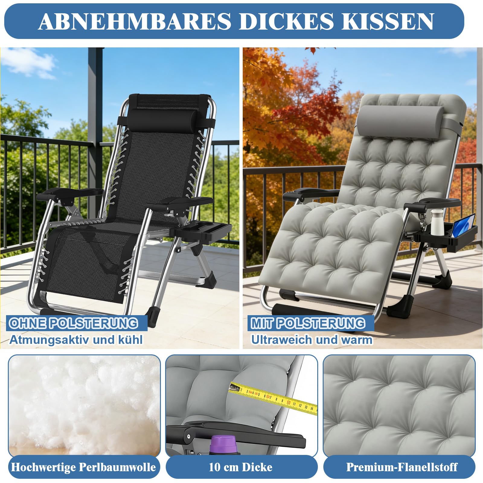 Fiutazge Chaise Longue Pliable Jardin 72cm,Dossier Réglable,Capacité 240kg,avec Coussin, Appui-tête, Porte-Boisson, Repose-Pieds et Housse,Transat de Jardin pour Terrasse,Balcon,Piscine,Camping-Gris