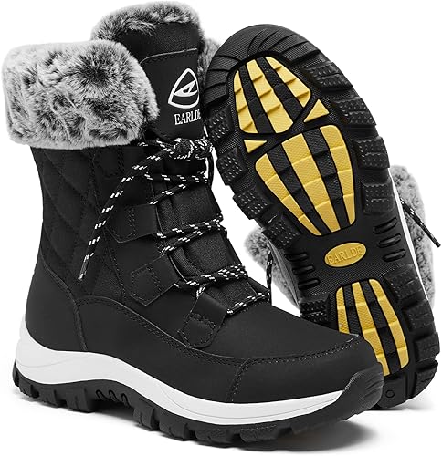 EARLDE Womens Snow Boot With Waterproof Lace Up Mid-Calf Outdoor Winter Deep Tread Rubber Sole
