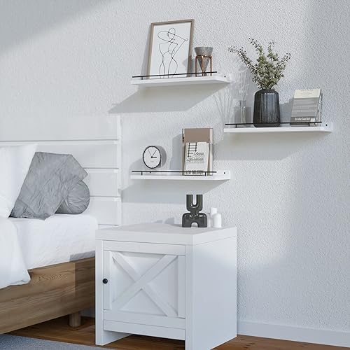 Miniatura 7 de WOPITUES Estantes flotantes con barandilla de metal negro, estantes para decoración de pared, juego de 3, estantes de pared para dormitorio, baño,