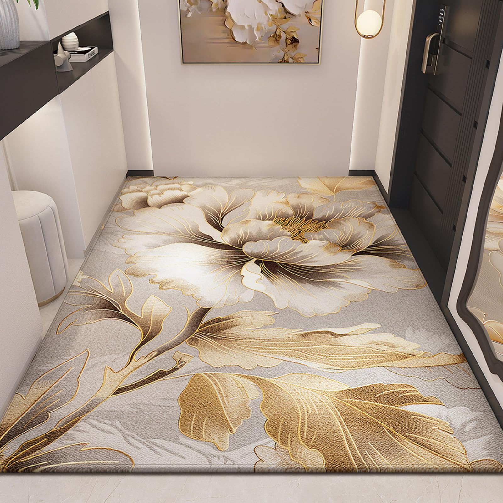 Felpudo Entrada Casa 90x150 Flor Beige Dorado Felpudo Exterior Antideslizante Lavable Felpudos para Pasillo Cocina Puerta Jardín Decoración Alfombrilla para Entrada