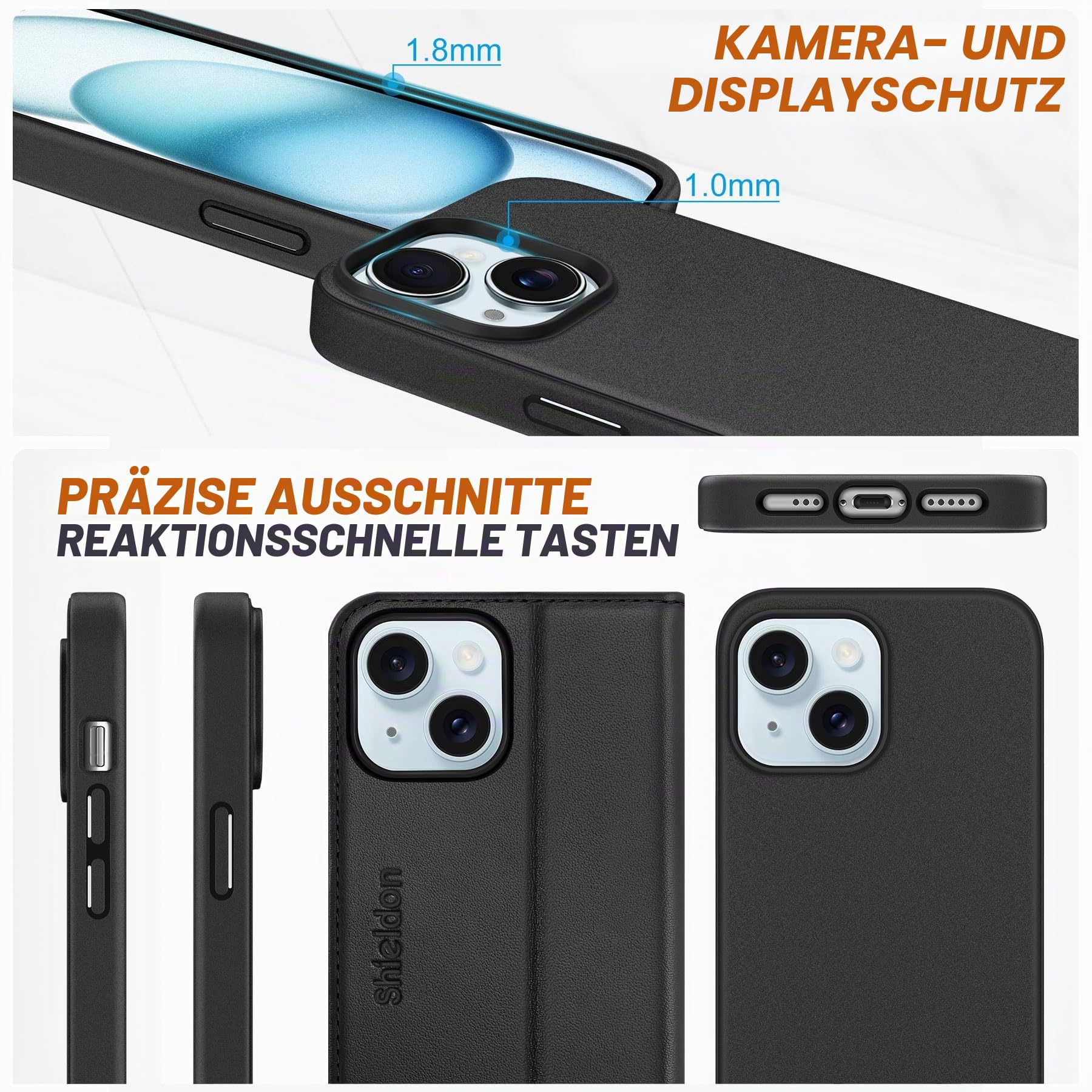 SHIELDON Rindsleder Hülle für iPhone 15 6,1" 2023 5G, Schwarz