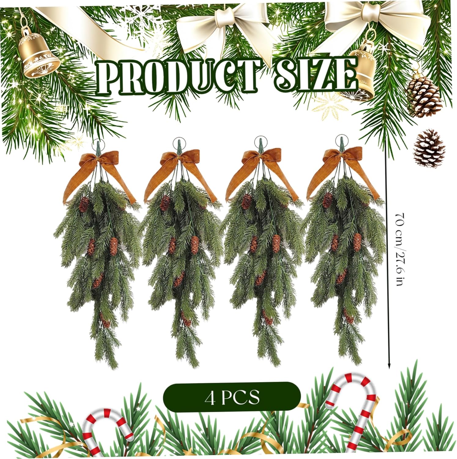 4Pcs Christmas Swag 27.6 Inch Artificial Realistic Teardrop Swag with Rustic Velvet Ribbon Bow for Festive Holiday Door Wall Home Porch and Mantel Décor Christmas Teardrop S