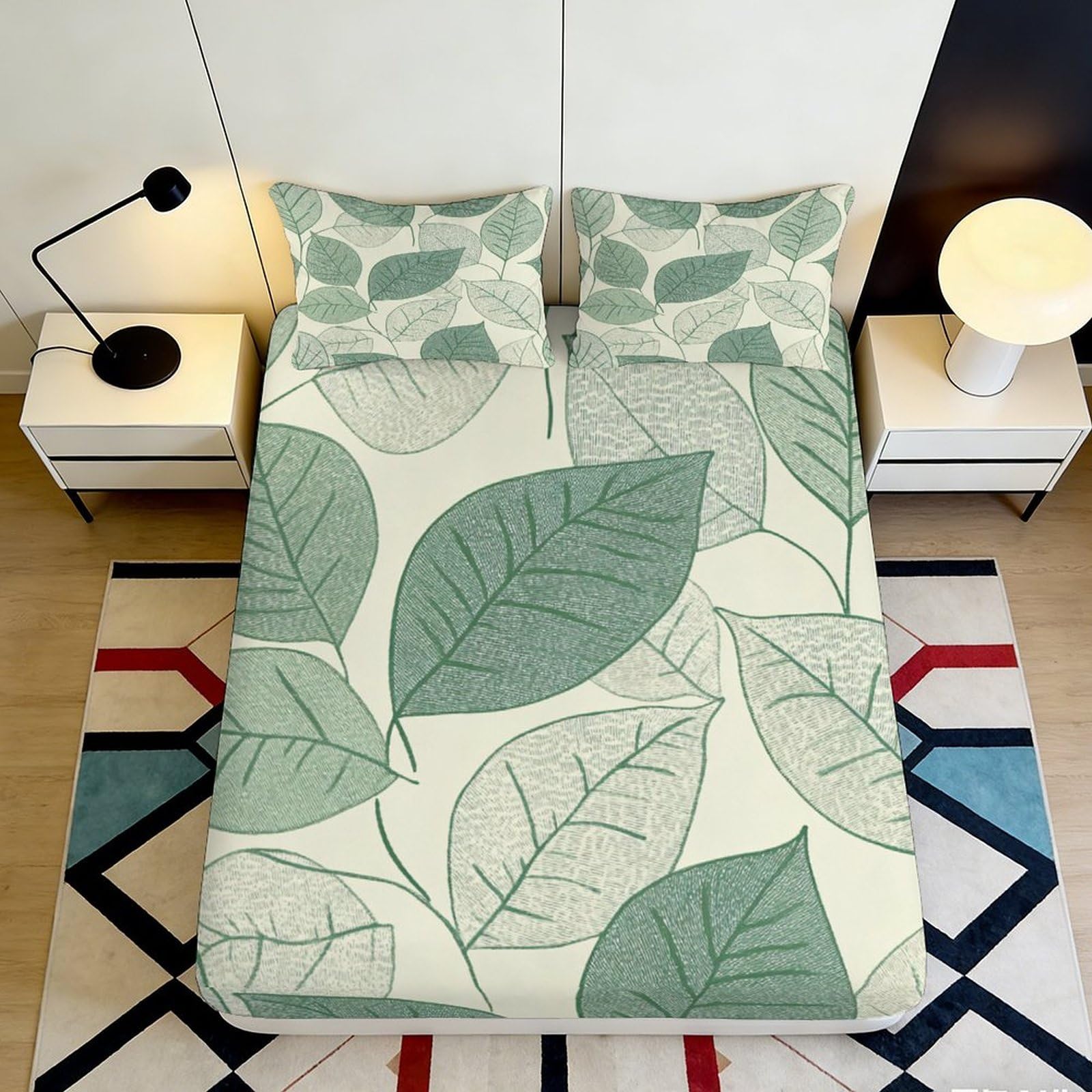 Pnayamiorkfel Style-10 3D Printed Green Leaf Pattern Fitted Sheet Microfiber Soft Slip-Resistant Botanical Bed Cover For Bedroom Guestroom Easy Care 90X200x25cm