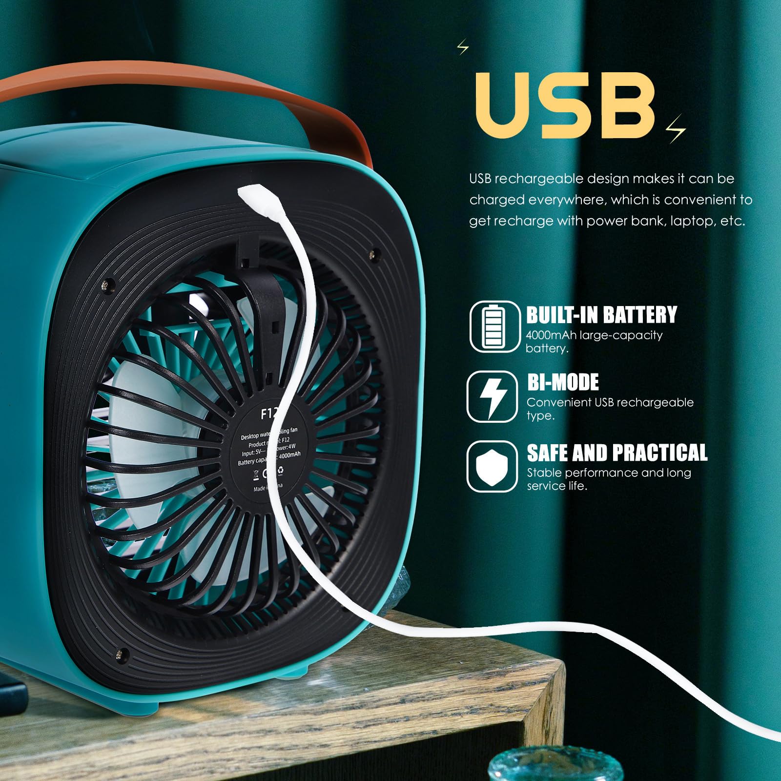 FOMIYES Ventilador de Escritorio USB Recargable de 4000mah, ABS Azul