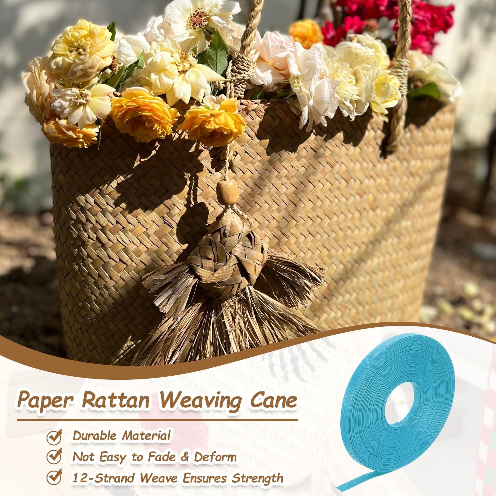 PATIKIL 27.3 Yards x 0.6" Paper Rattan Weaving Cane, 12-Ply Paper Rattan Weave Basket Weaving Supplies for DIY Home Kitchen Decoration Basket Crafts, Lake Blue - Image 3