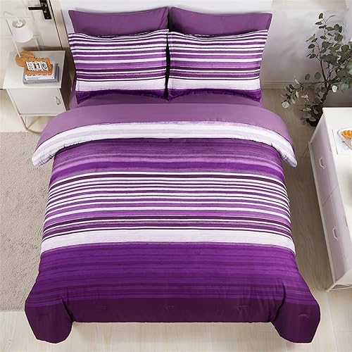 Miniatura 3 de KAKIJUMN Juego de Edredón a Rayas de 7 Piezas en una Bolsa Tamaño Full, Edredón y Juego de Sábanas a Rayas de Retazos Blanco y Morado, Juegos de