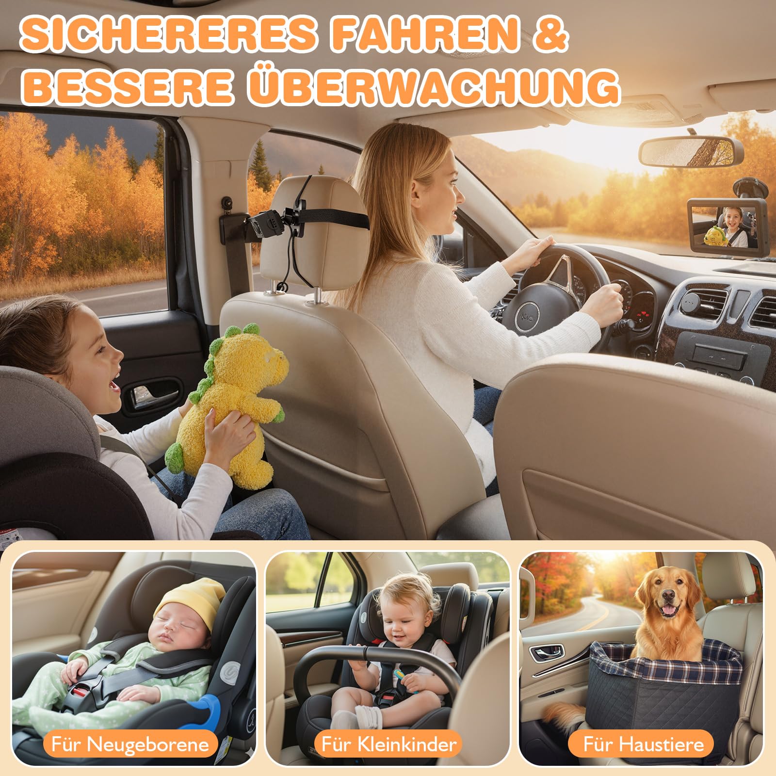 Zacro Baby Kamera Auto, Spiegel Auto Baby Rückbank 1080P, USB-C Plug-and-Play, Baby Autospiege mit HD Nachtsicht und 150° Betrachtungswinkel, Auto Rücksitzspiegel, Babyspiegel Rückansicht Monitor