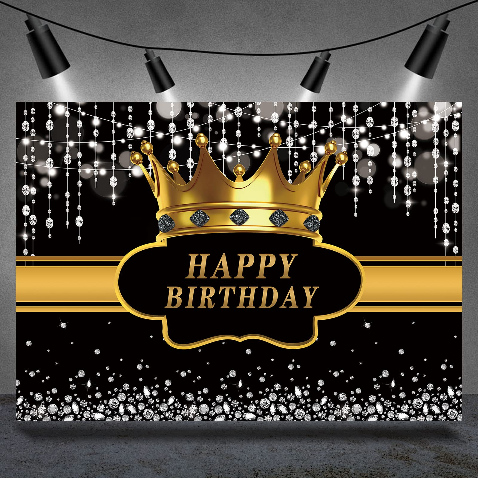 Rsuuinu Black and Gold Happy Birthday Backdrop Silver Bokeh Dots Dimonds Crown Royal Golden Photography Background for Man Women Prince King Birthday