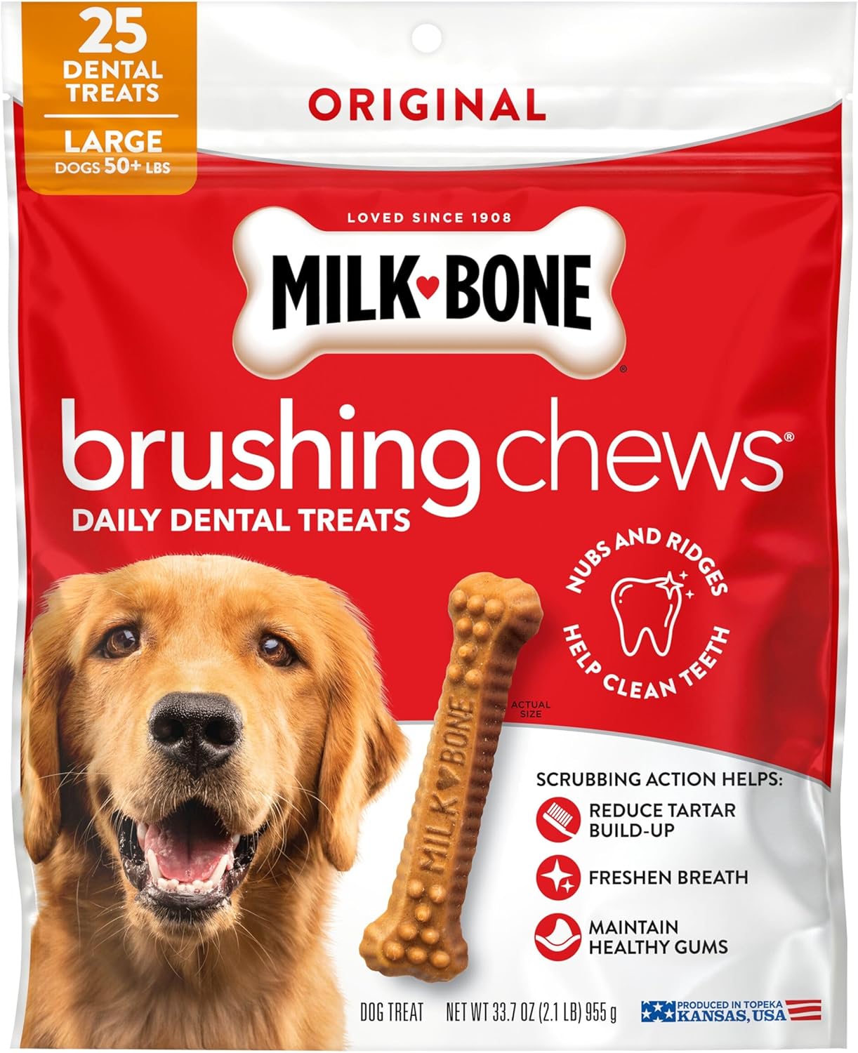 Milk-Bone Brushing Chews Daily Dental Dog Treats, Chicken Flavor, Large, 25 Count