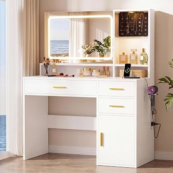 IRONCK Dressing Table with LED Mirror & Glass Door Jewellery Cabinet, White