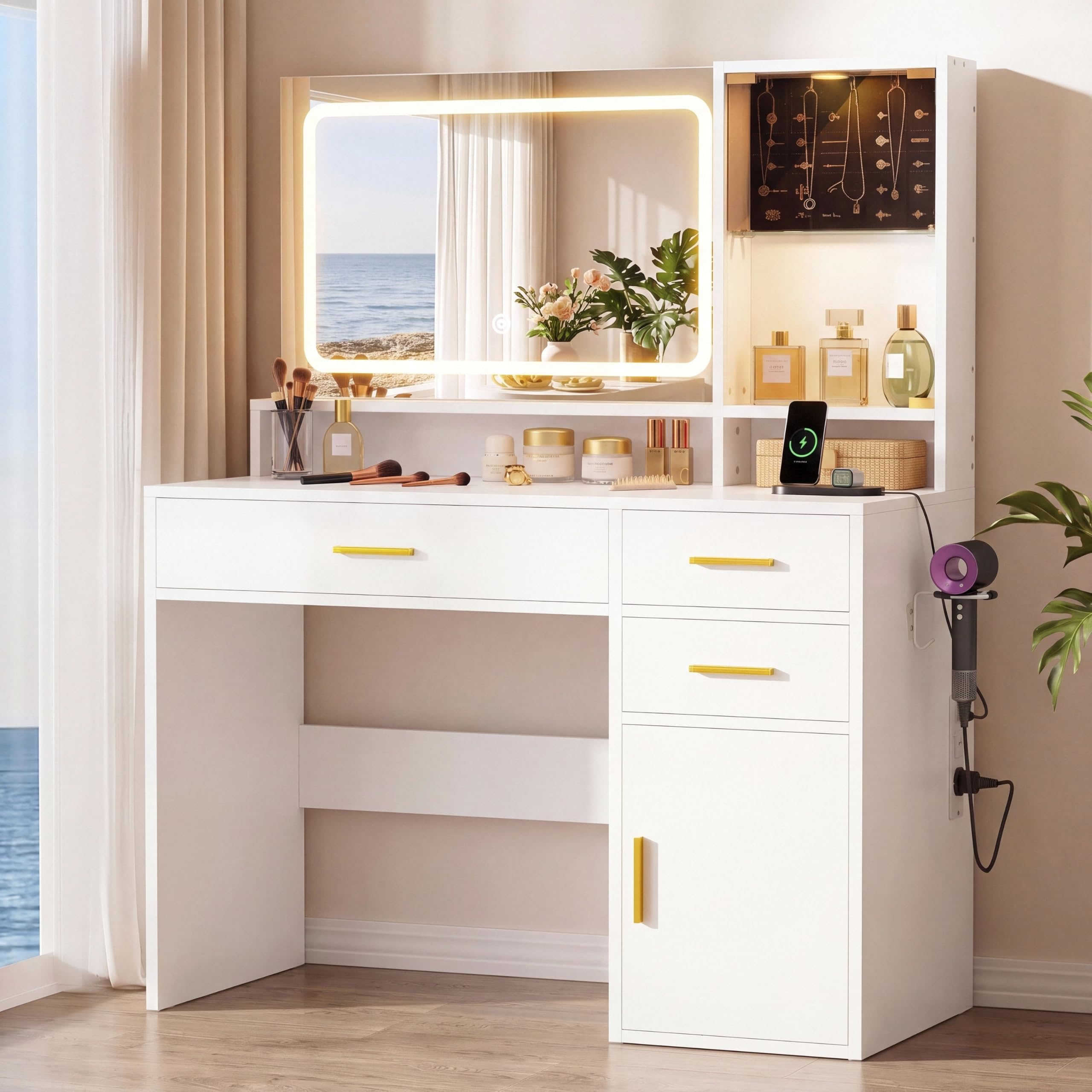 IRONCK Dressing Table with LED Mirror & Glass Door Jewellery Cabinet, White
