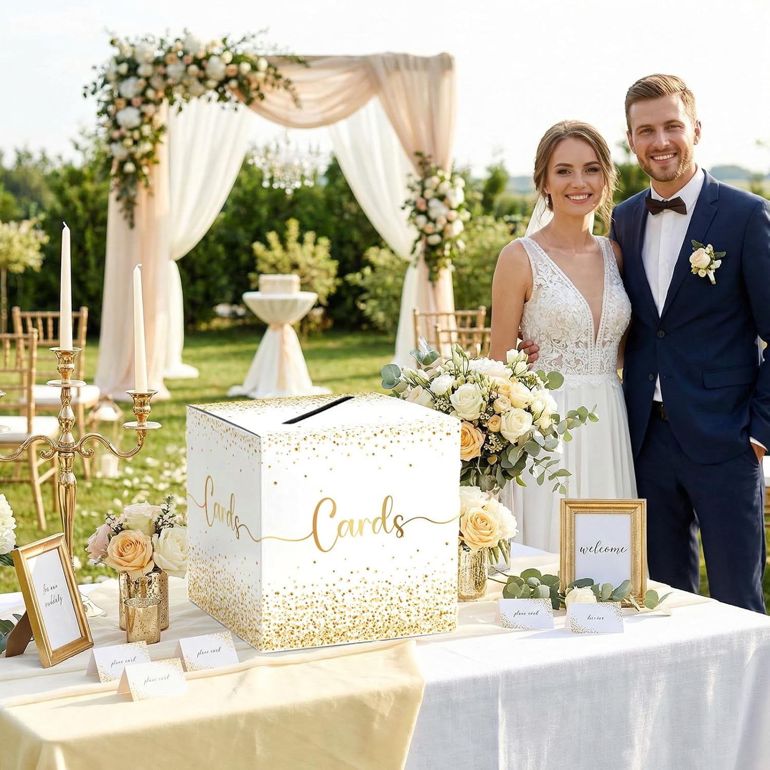 OurWarm Wedding Card Box with Gold Glitter – White Paper Cards Box with Gold Foil Lettering, Elegant Reception Card Holder for Wedding, Bridal Shower & Party Decor