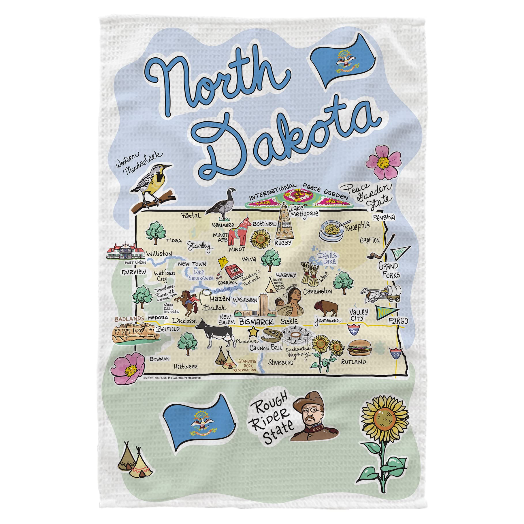 Fish Kiss® 16"x24" North Dakota Map Dish Towel is of 100% Microfiber Waffle Weave Making it Super Absorbent, Soft & Machine Washable - Towel,Map Dish