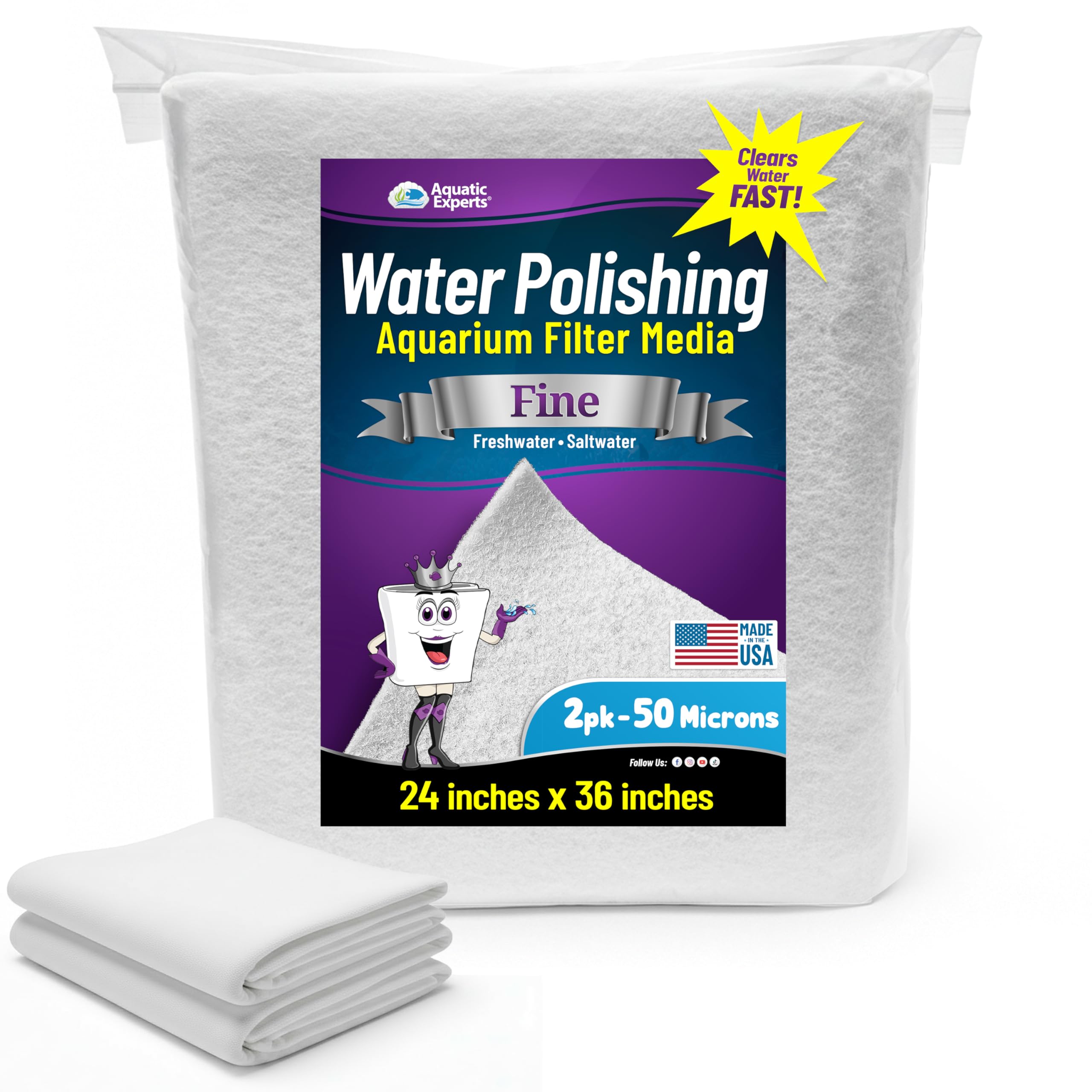 Aquatic Experts Aquarium Polishing Filter Pad, Water Polishing Pad for Aquarium Filters, Filter Floss for Fish Tank Filters, (50 Micron, 24" x 36" - 2 Pack)