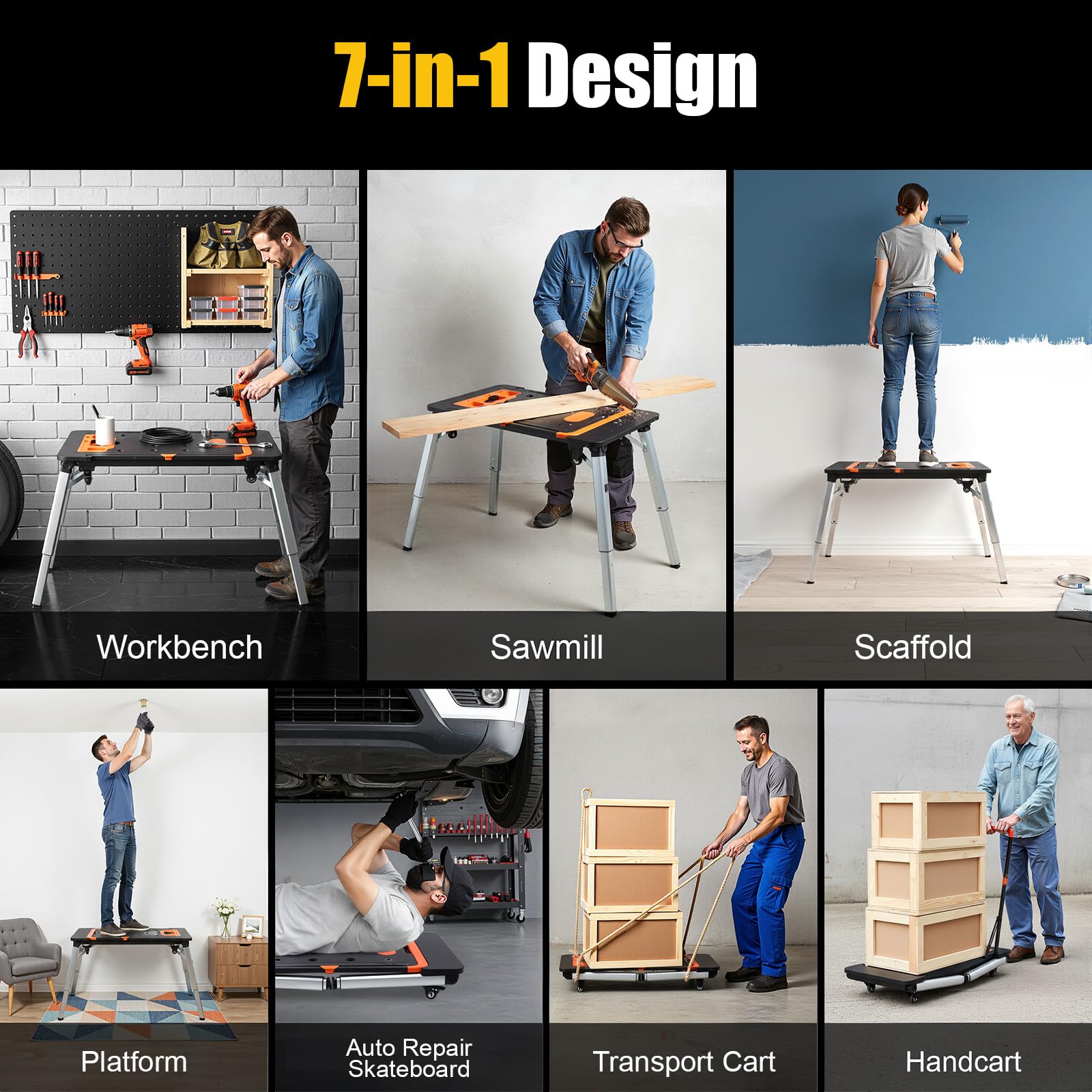 Banco da lavoro universale pieghevole 7 in 1 Tavolo multifunzione Skateboard Carrello a mano Cavalletto da segare Gambe da tavolo regolabili in altezza 1140 x 590 mm
