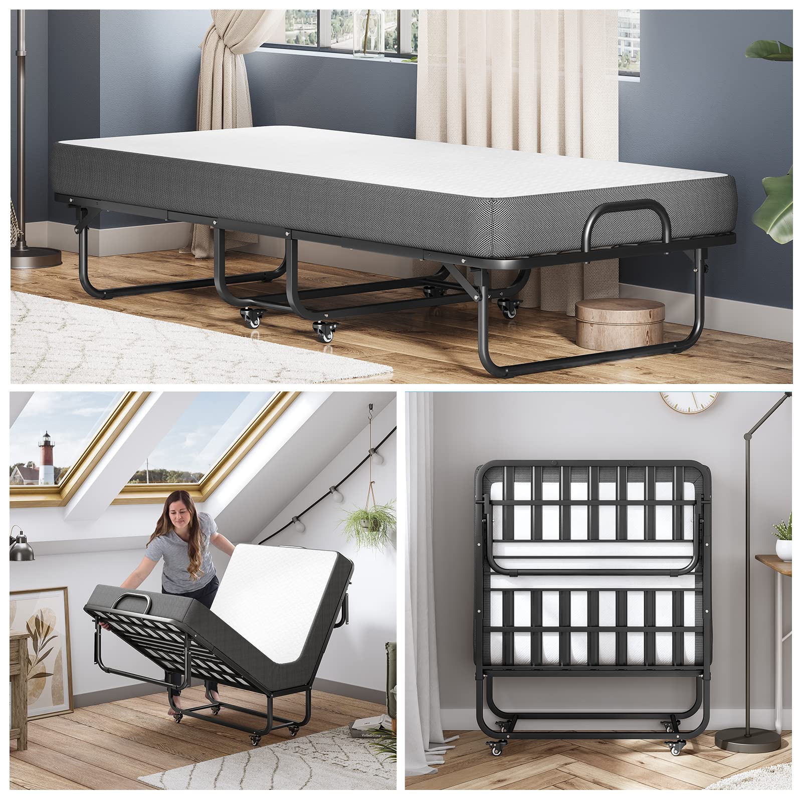 DICTAC Letto Pieghevole Singolo con Materasso 90x200 cm Brandine Letto Pieghevole per Adulti con 13 cm Materasso Memory Foam,Metallo letto richiudibile con Ruote,Fino a 200 kg,nero