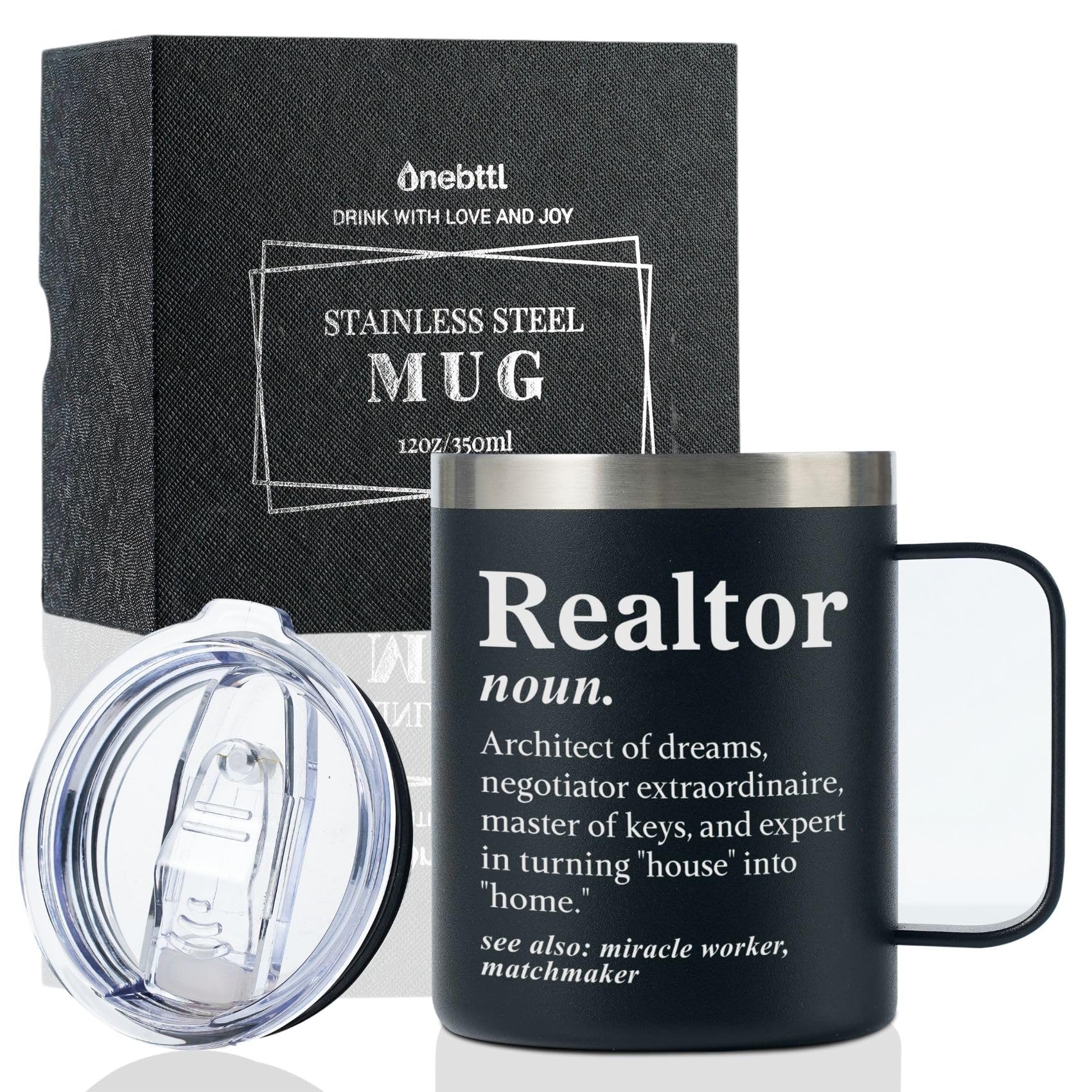 Onebttl Realtor Gifts for Women Men, Funny Gifts for Real Estate Agents, 12oz Stainless Steel Coffee Mug (Black, Definition)