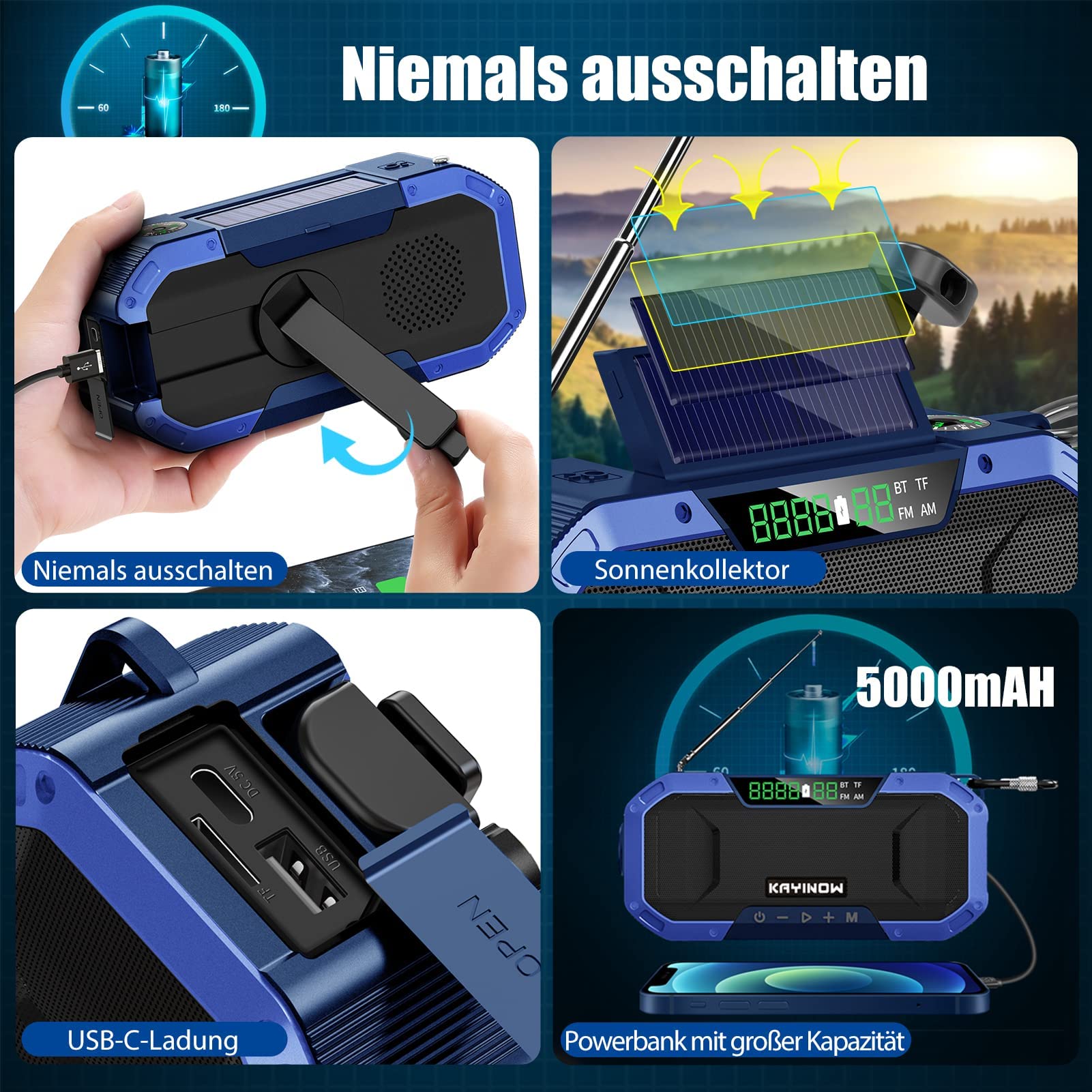 KAYINOW Dynamo Solar Survival Radio - Głośnik Bluetooth, wodoodporne przenośne radio AM FM, 5000 mAh, akumulator, korba akumulatorowa, wielofunkcyjne radio awaryjne, kemping, SOS, latarka