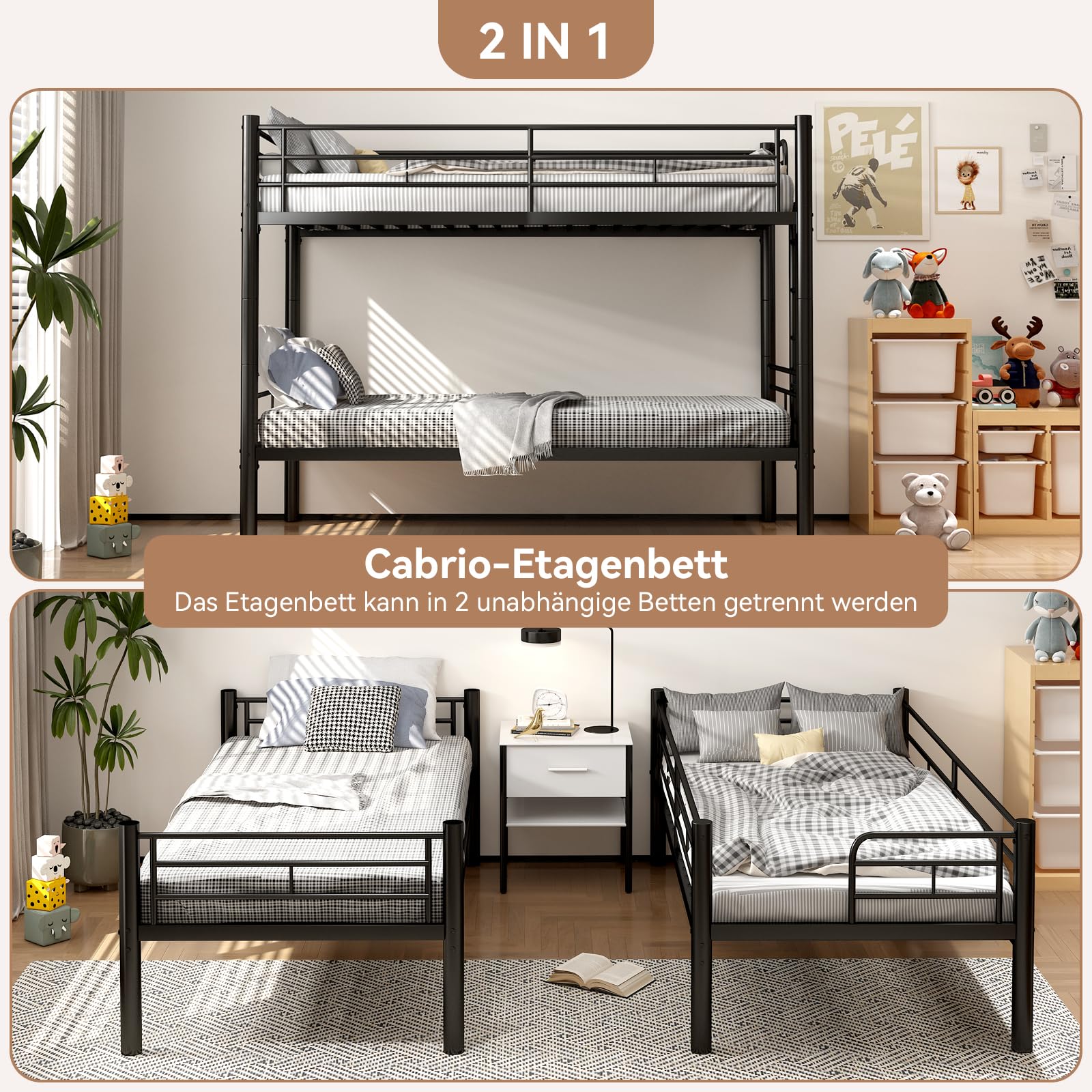 Litera de 90 x 200 cm, con escaleras y protección anticaídas, litera de metal con somier, convertible en 2 camas individuales, cama alta para niños, adolescentes y adultos (negro)