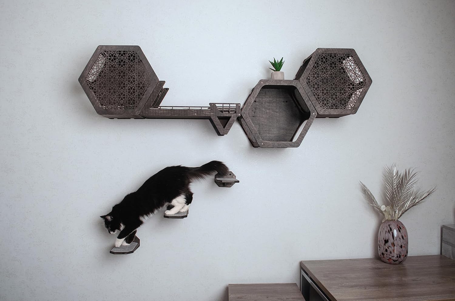 review Dark Cat Wall Furniture Set of Cat Shelves; Cat Bed, 3 Hexagon Cat Wall Shelves and Cat Steps; Cat Houses Condo for Indoor Cats; Modern Cat Wall Mounted Climbing Shelves and Perches for Wall