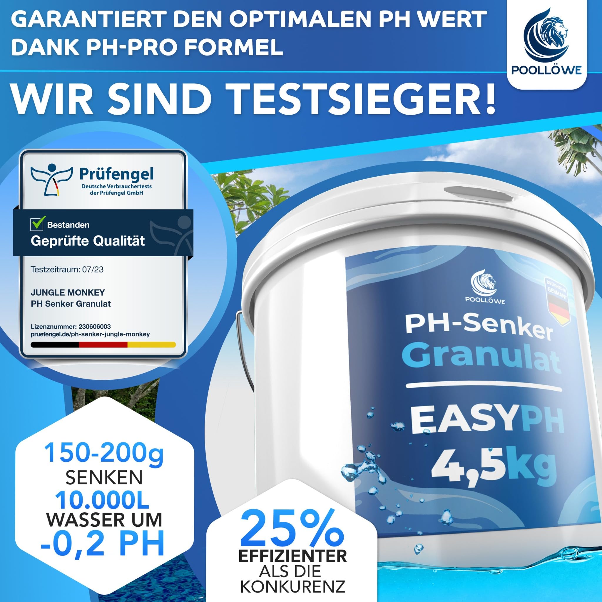 PoolLöwe® pH Minus Granulat mit [ph-Pro Formel] 4,5kg I pH Senker Pool extra Sicher & Effizient dank pH-Wert Stabilisator I pH Wert Senker für Pool & Whirlpool | Pool pH Minus Granulat pH- Regulierung