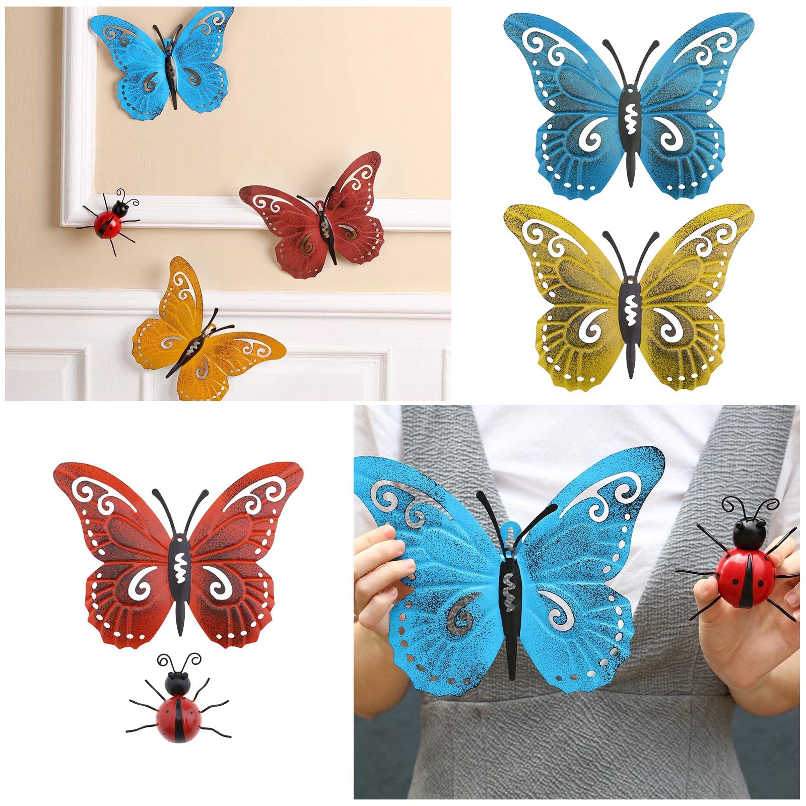 Decorazioni Farfalle E Coccinelle Metallo - 4 Pezzi Per Giardino | Appendiabiti Per Esterni E Interni | Rosso E Giallo