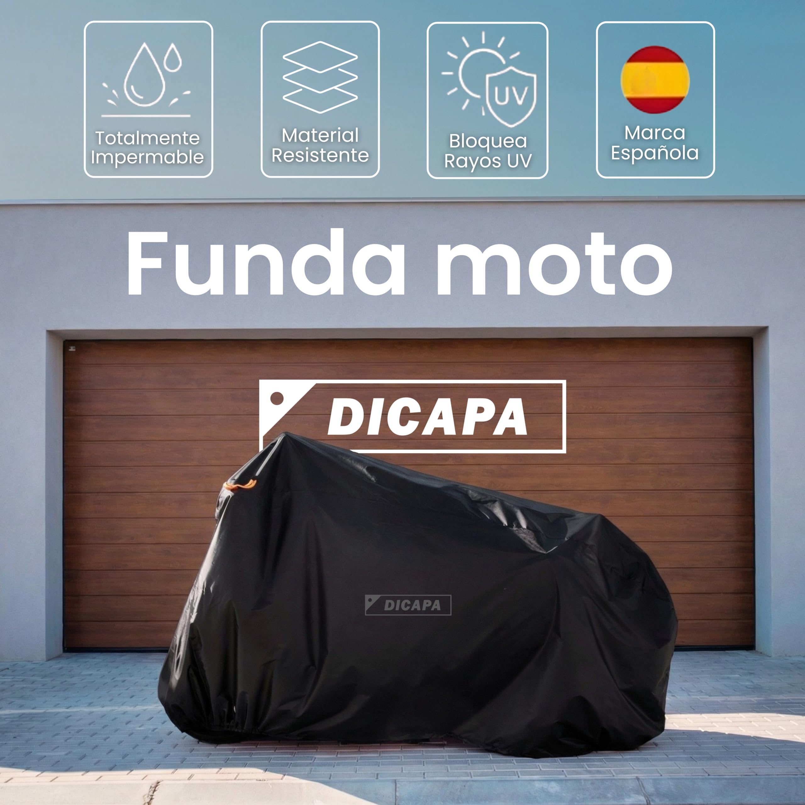 DICAPA Funda Moto Impermeable 245x105x125cm (XXL) Resistente al Agua, Viento, Nieve y Rayos UV. Funda para Moto con Sistema Antirrobo y Cierre Elástico