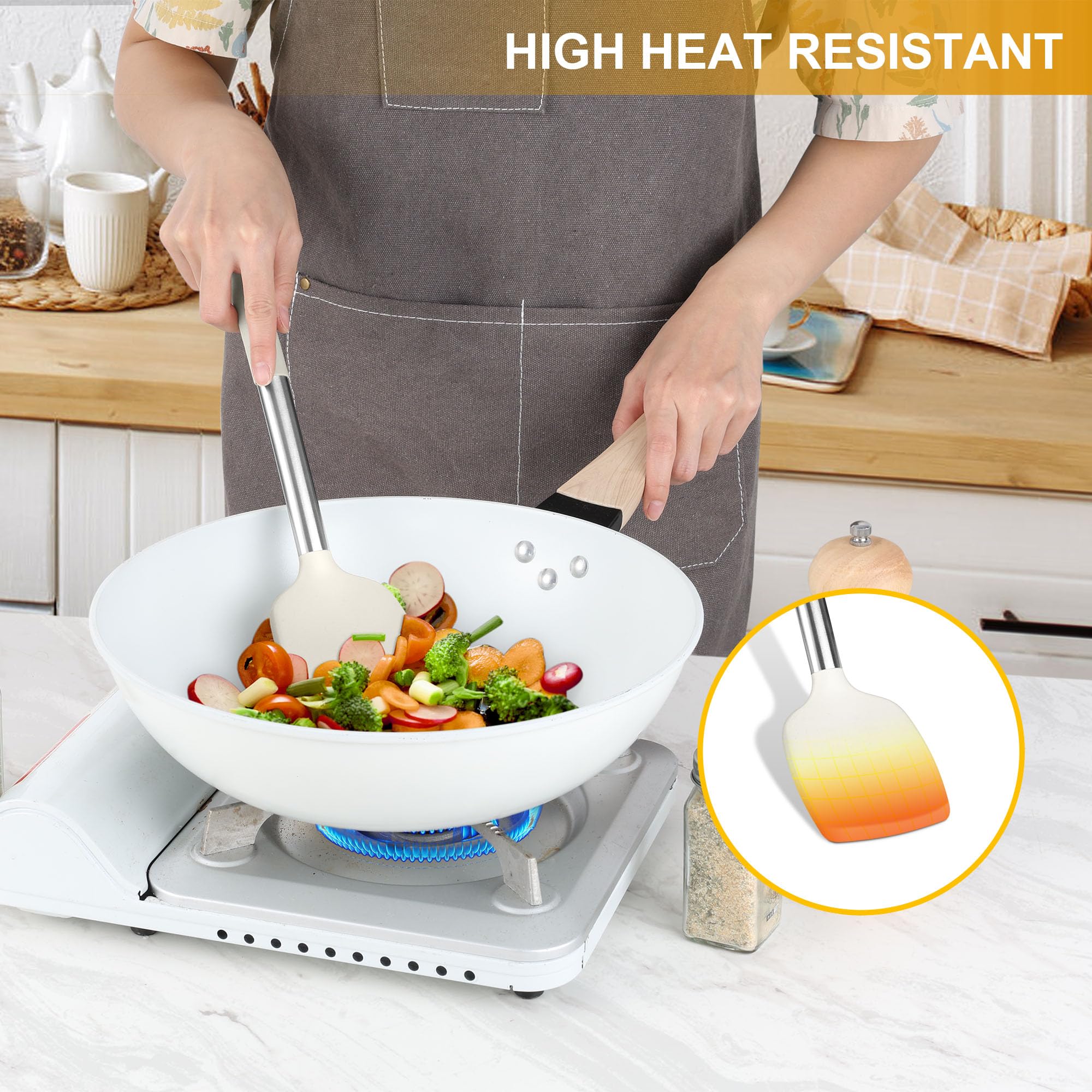 LIANYU Juego de 15 utensilios de cocina con soporte, utensilios de cocina de silicona con mango de acero inoxidable, herramientas de espátula resistentes al calor, cuchara de cepillo, pinzas, batidor,
