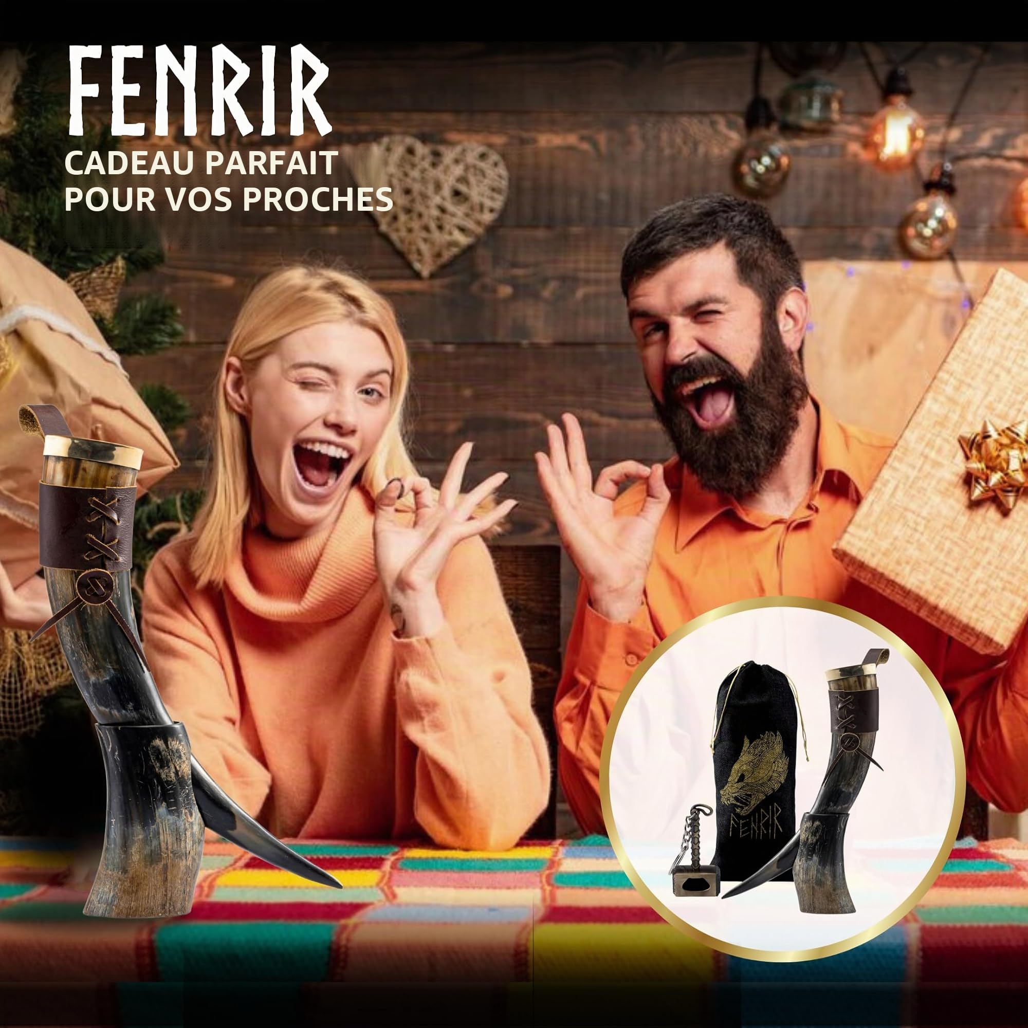 FENRIR Viking Corne véritable en laiton avec ouvre-étui en cuir marron - Brillance biologique naturelle - Pour bière, hydromel - Boisson froide authentique (taille 425,2 à 510,3 g)