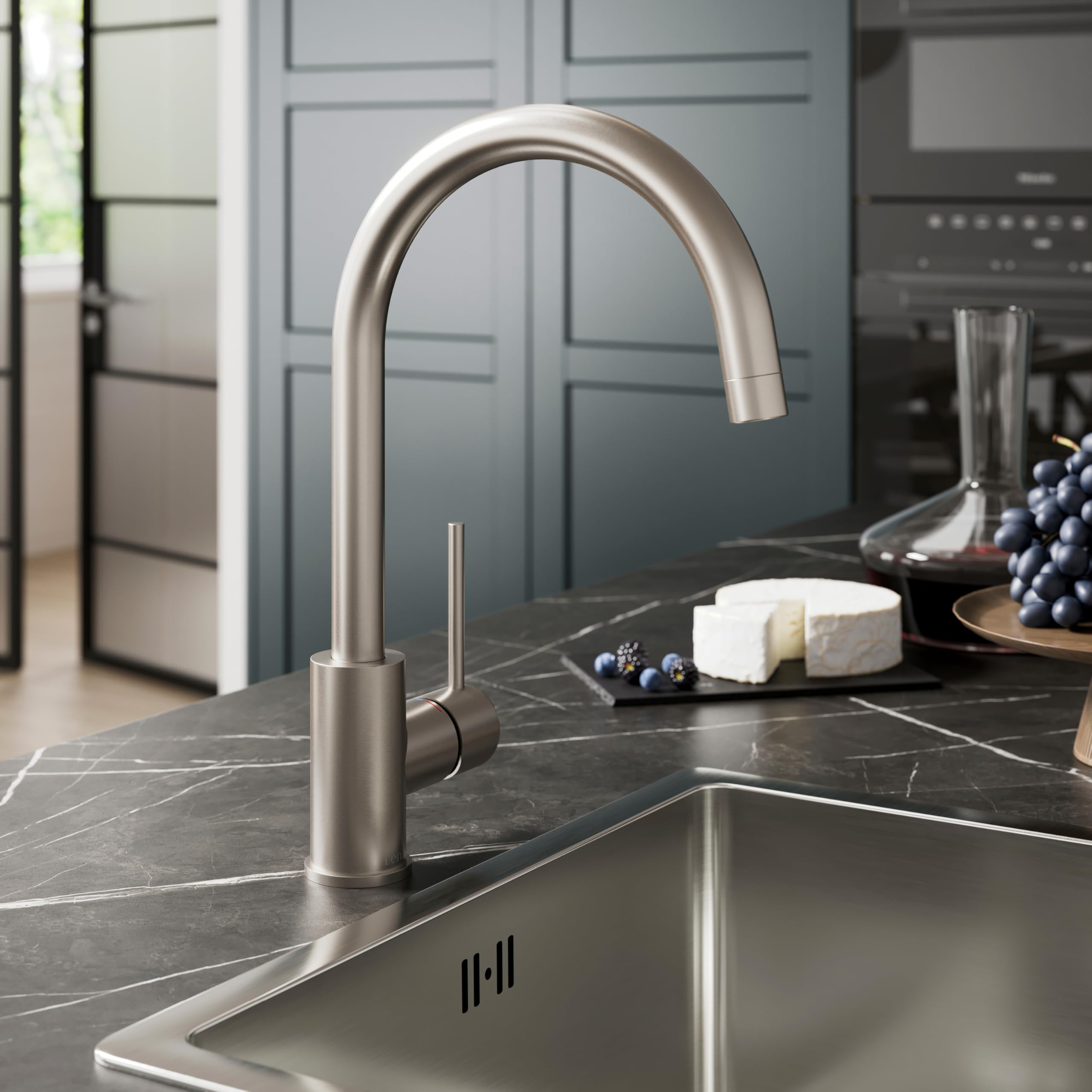 Lenz Lio 42030011 - Grifo de cocina (acero inoxidable, con función de ahorro de agua de 2 niveles, caño alto y giratorio 360°, superficie antihuellas, altura de 36 cm)