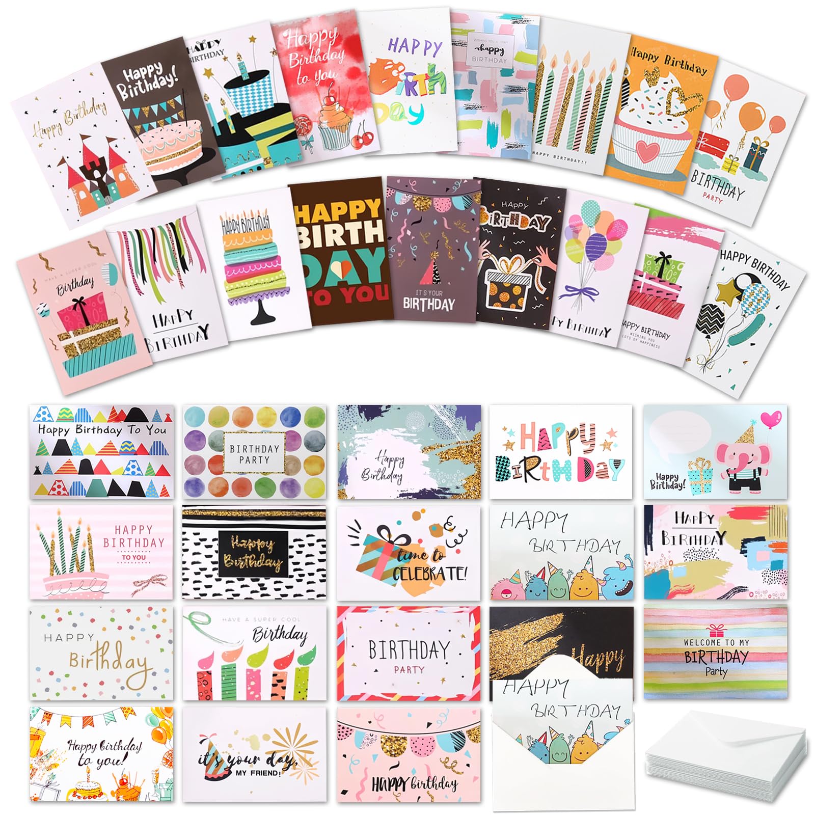 Happy Birthday Card Bulk with Envelopes, 36 Pack Assorted Blank Birthday Cards 4 x 6 in, 36 Colored Unique Designs Birth Greeting Cards for Family, Kids, Friends, Office Celebrations